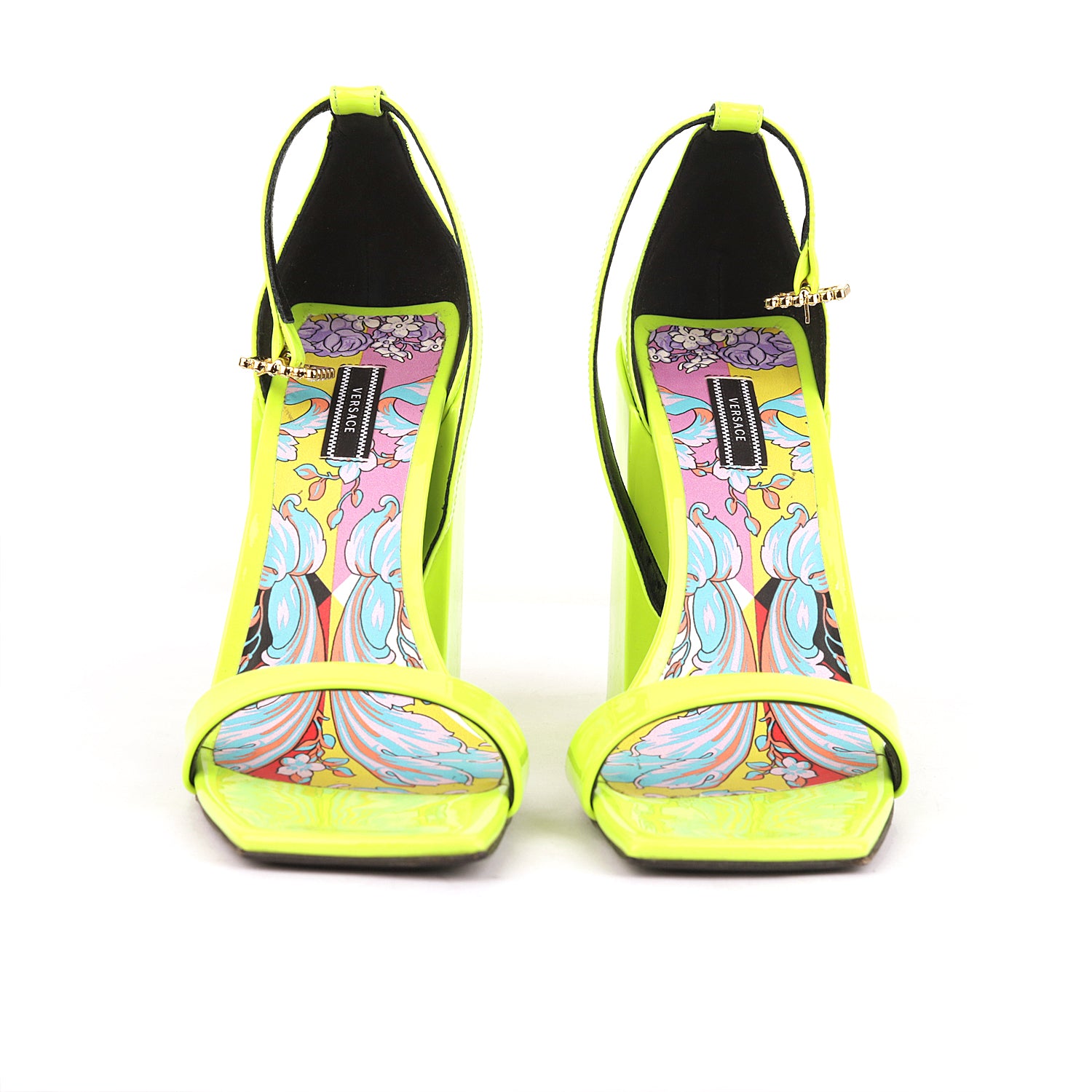 Versace Patent Leather Block-heel Sandals In Neon Yellow - Size EU 38.5