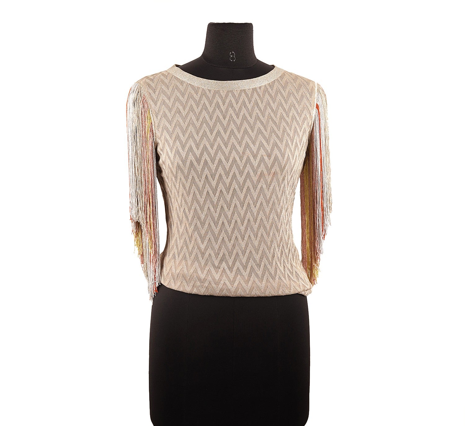 Missoni Bateau Neck Fluted fringe Chevron Metallic Crochet Knit Top Peach