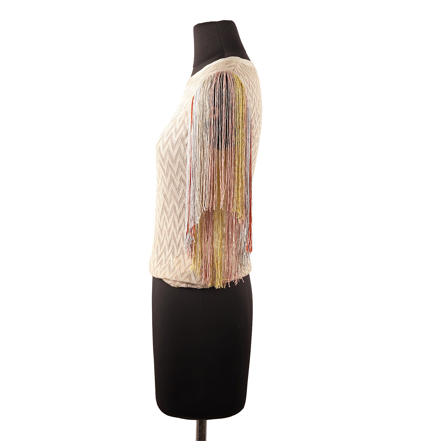 Missoni Bateau Neck Fluted fringe Chevron Metallic Crochet Knit Top Peach