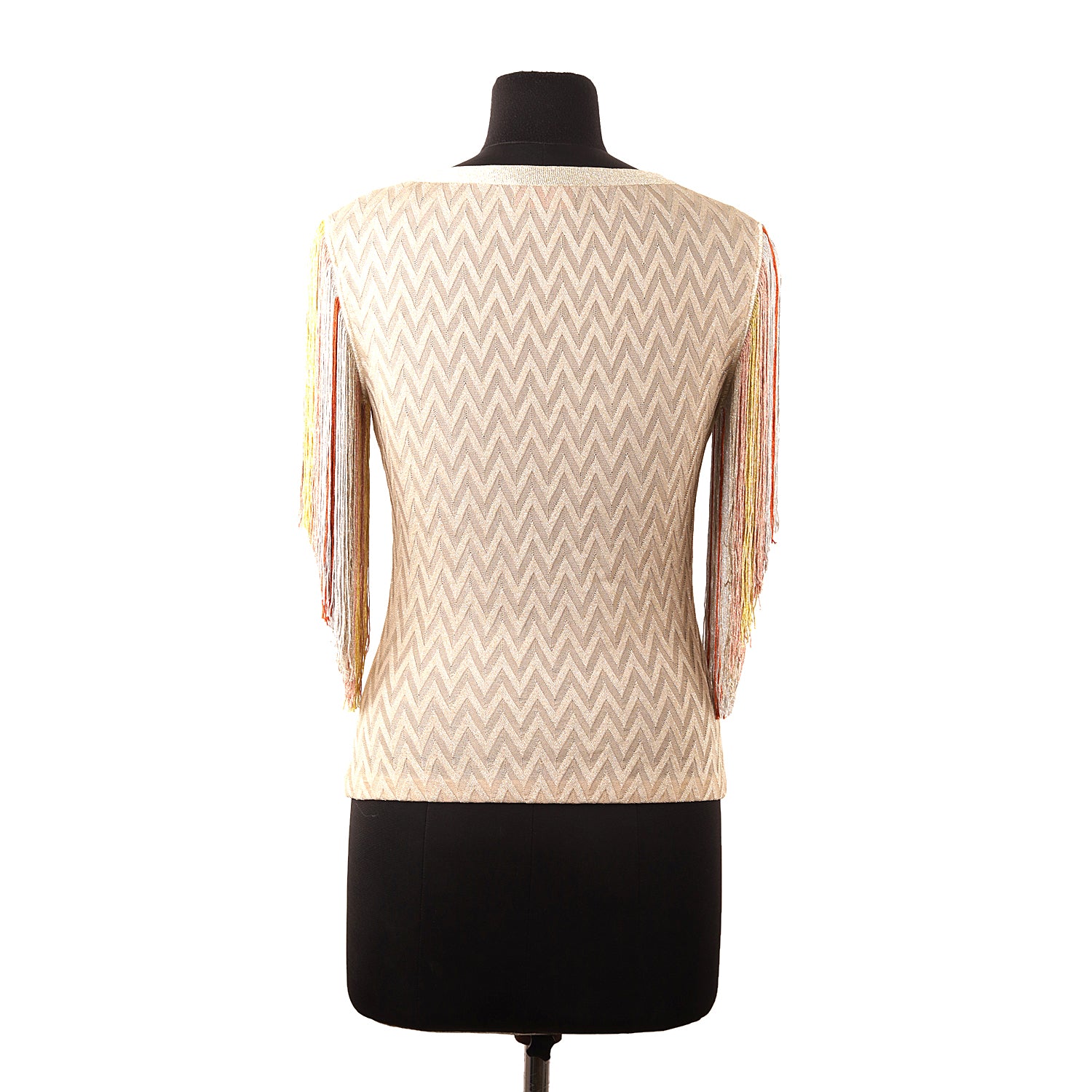Missoni Bateau Neck Fluted fringe Chevron Metallic Crochet Knit Top Peach