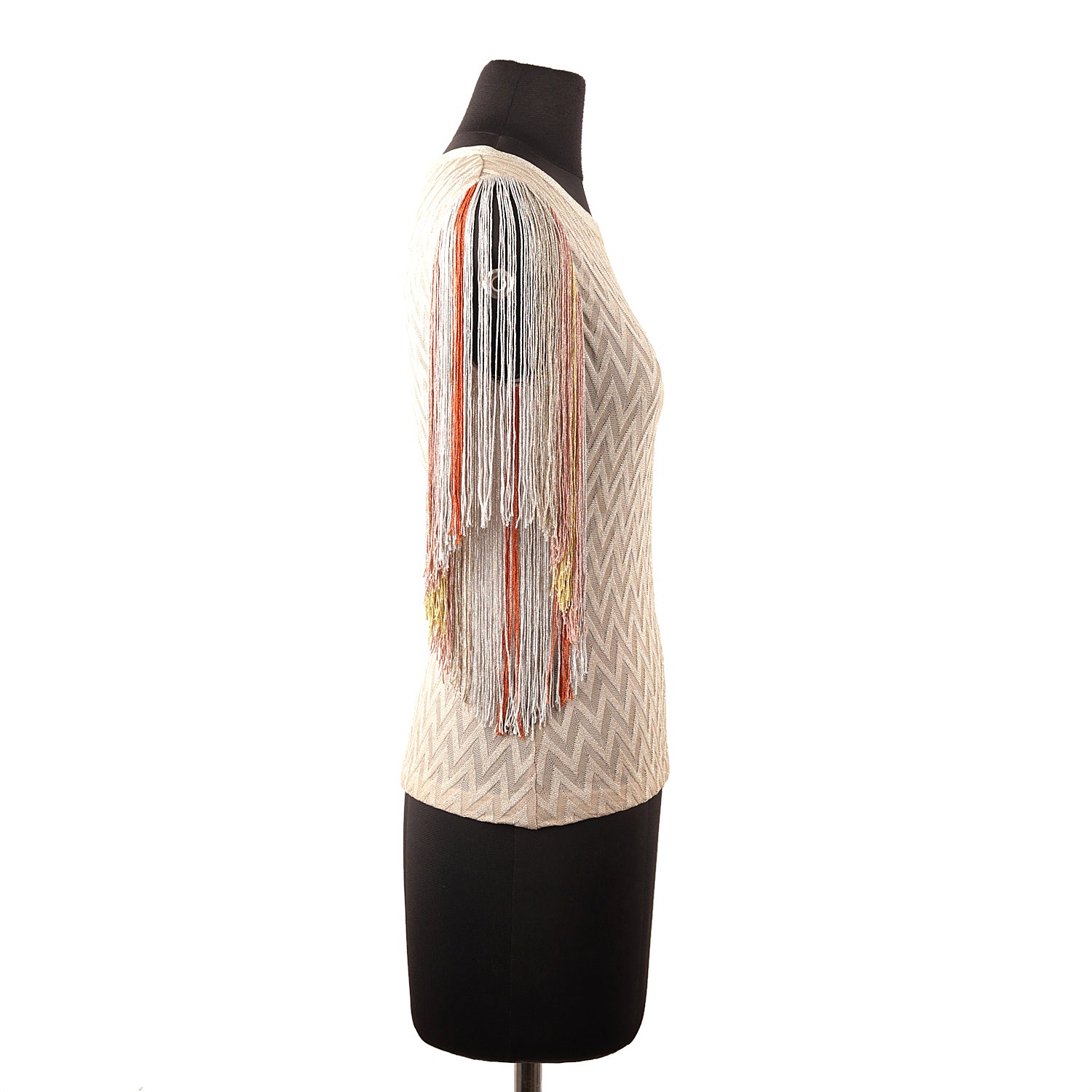 Missoni Bateau Neck Fluted fringe Chevron Metallic Crochet Knit Top Peach