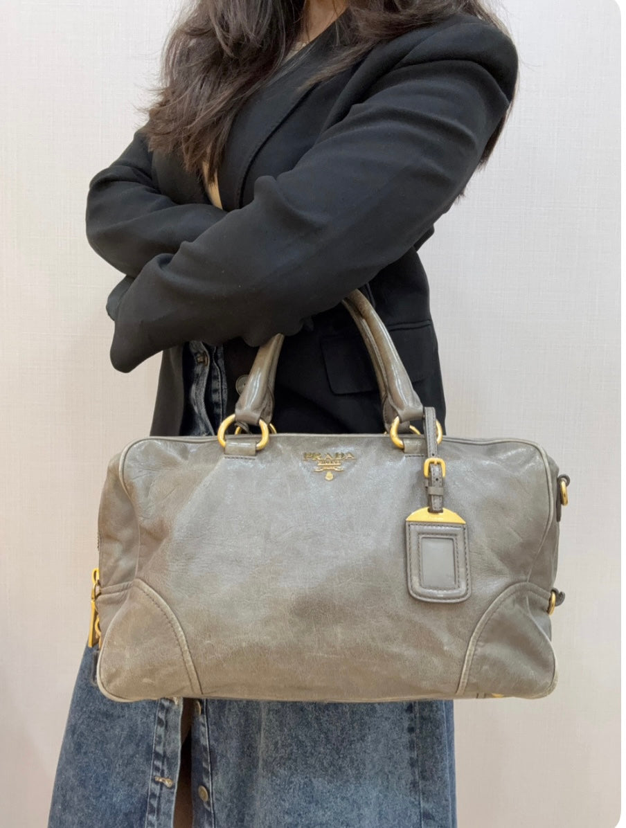 Prada Grey Vitello Shine Bauletto Bag