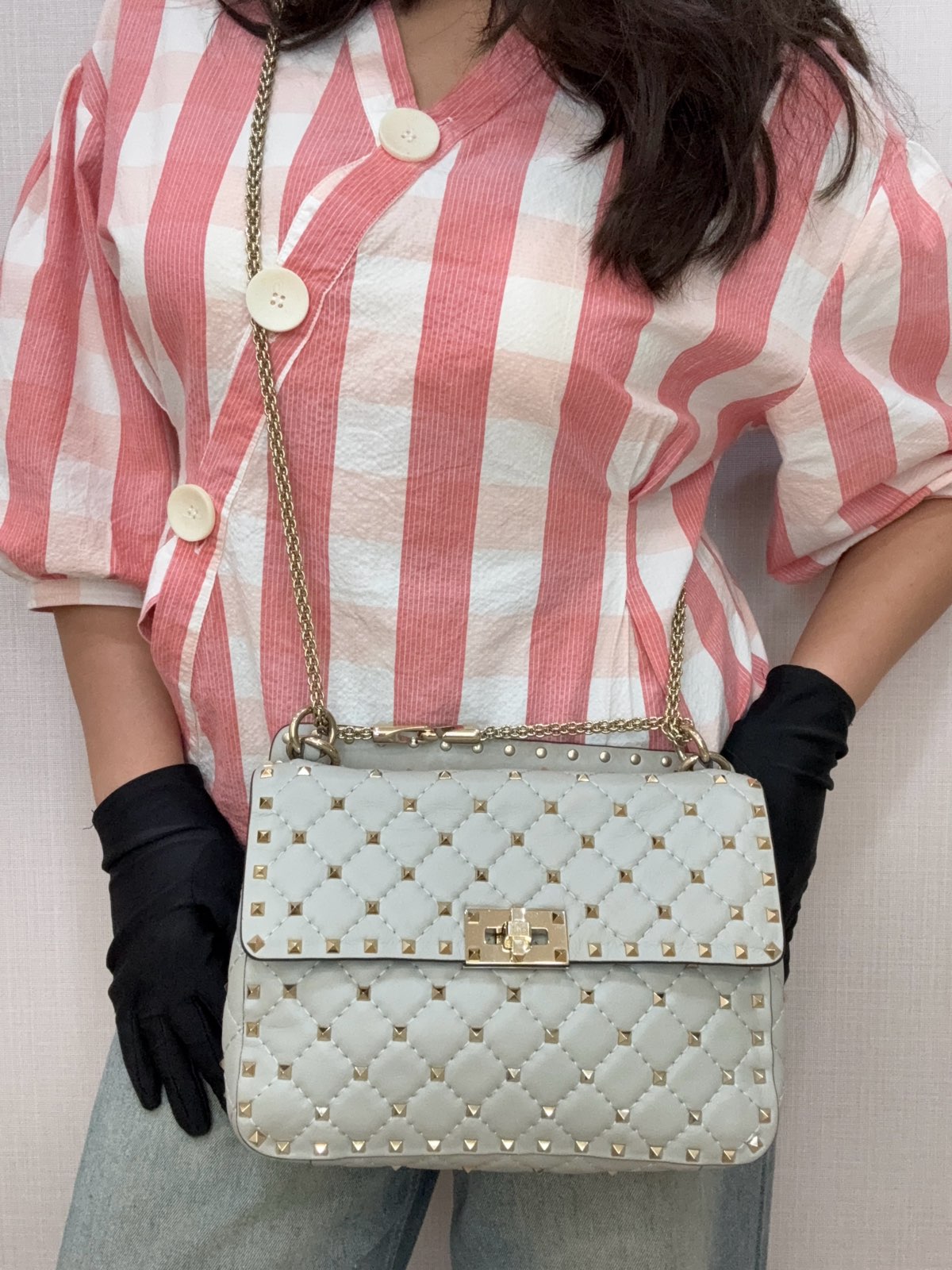 Valentino Medium Rockstud Spike Top Handle Grey Leather Bag