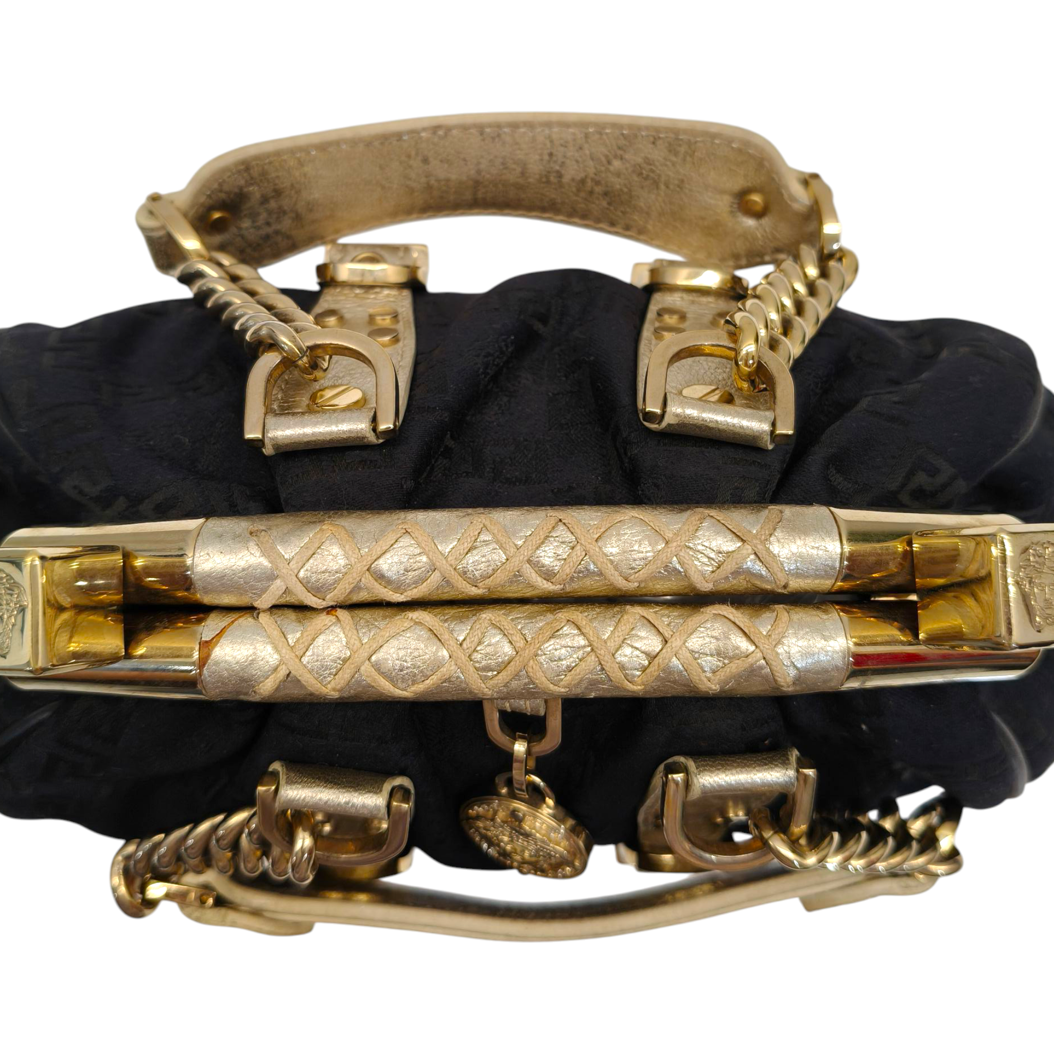 Versace Black/Gold Monogram Fabric and Leather Madonna Framed Satchel Bag