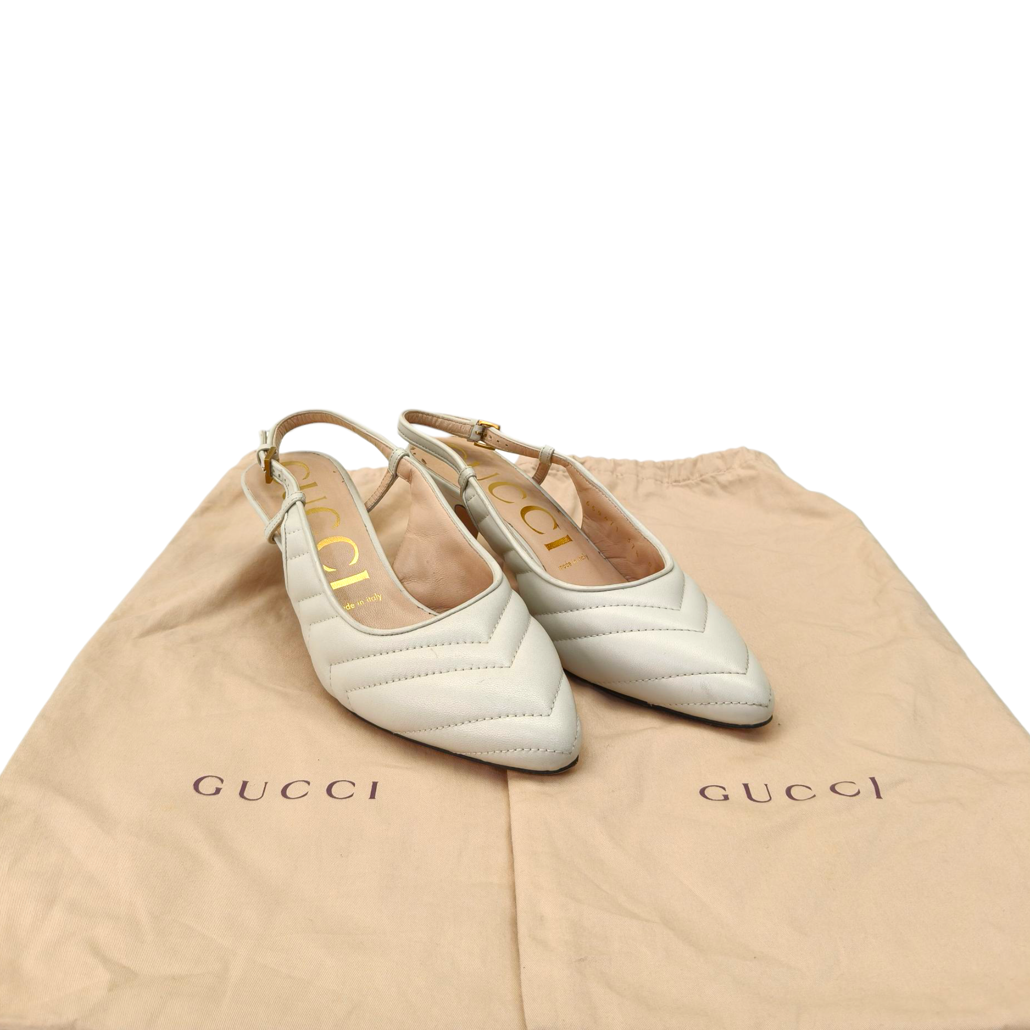 Gucci Nappa Charlotte Chevron Matelasse Double G Slingback Pumps White Size- 37.5