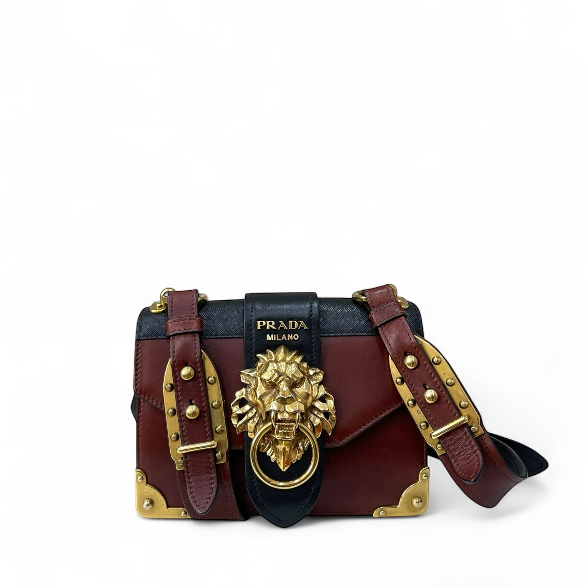 Prada Black/Maroon Leather Animalier Cahier Flap Top Handle Bag