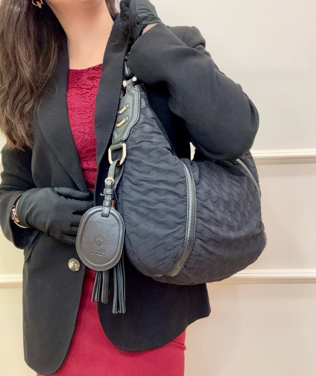 Gucci Black GG Neoprene and Leather Techno Horsebit Hobo Bag