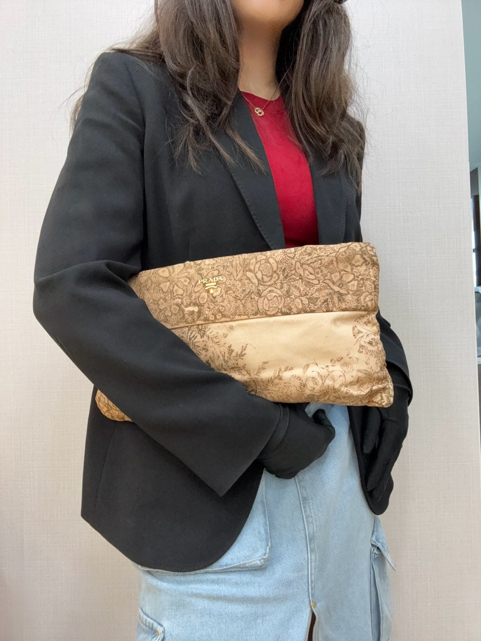 Prada Silk Faille Oversized Floral Zip Clutch Cipria