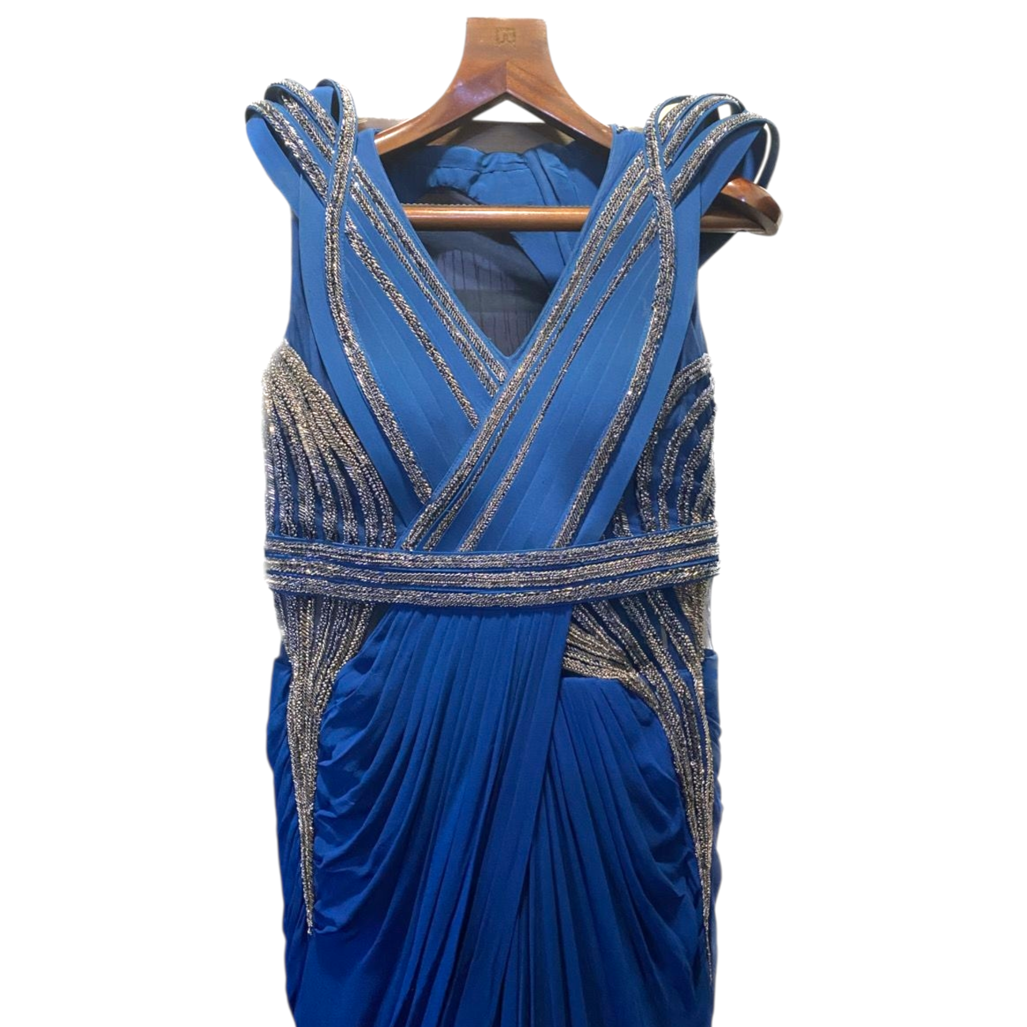 Gaurav Gupta Blue Armoured Draped Saree Gown M