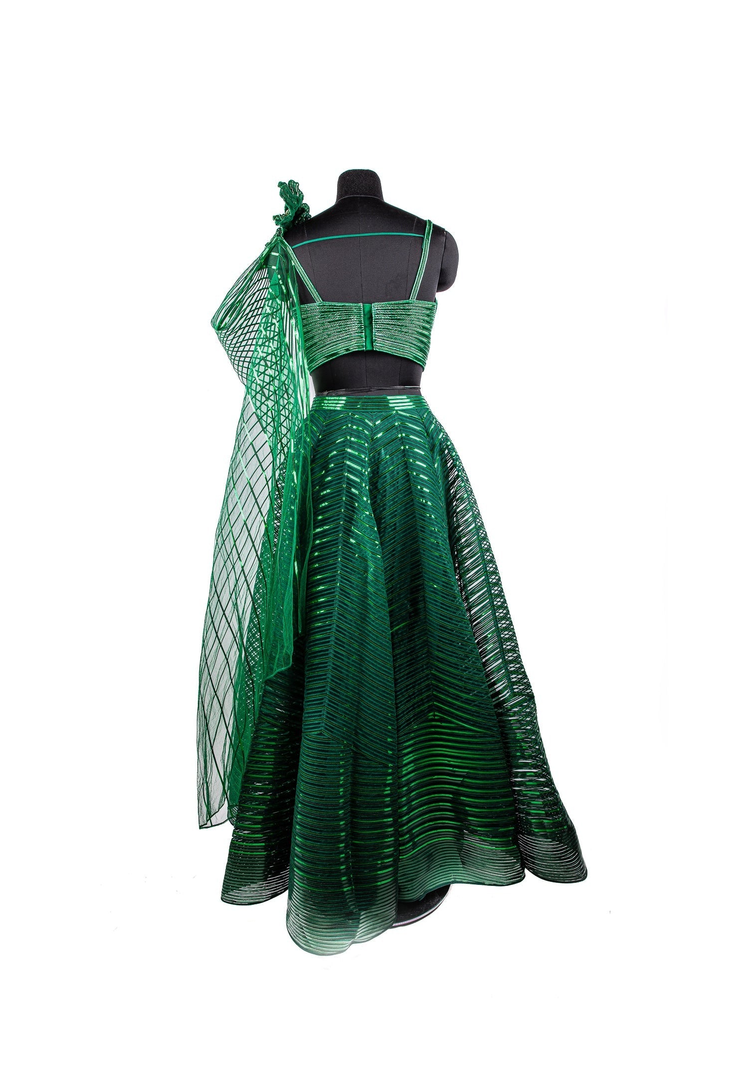 Emerald Green Handwoven Tulle Lehenga Set