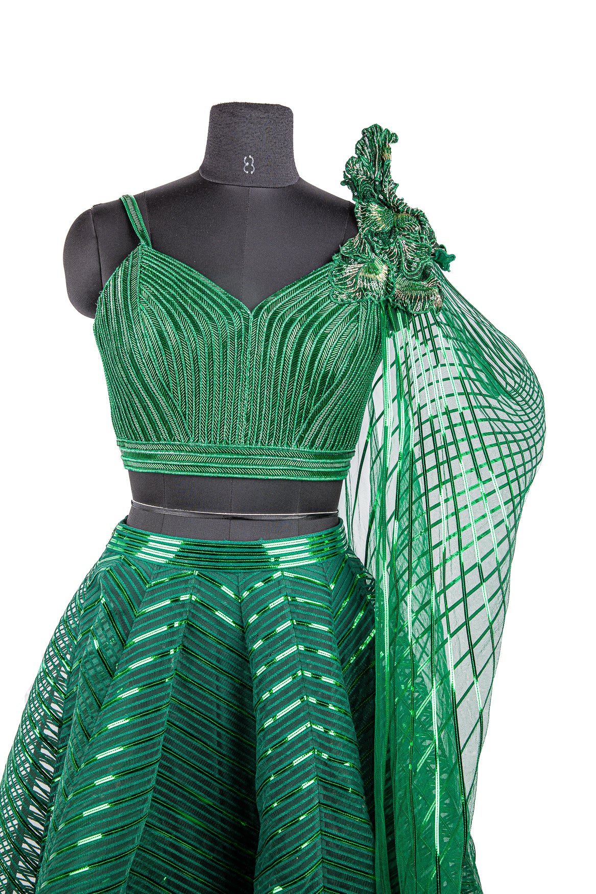 Emerald Green Handwoven Tulle Lehenga Set