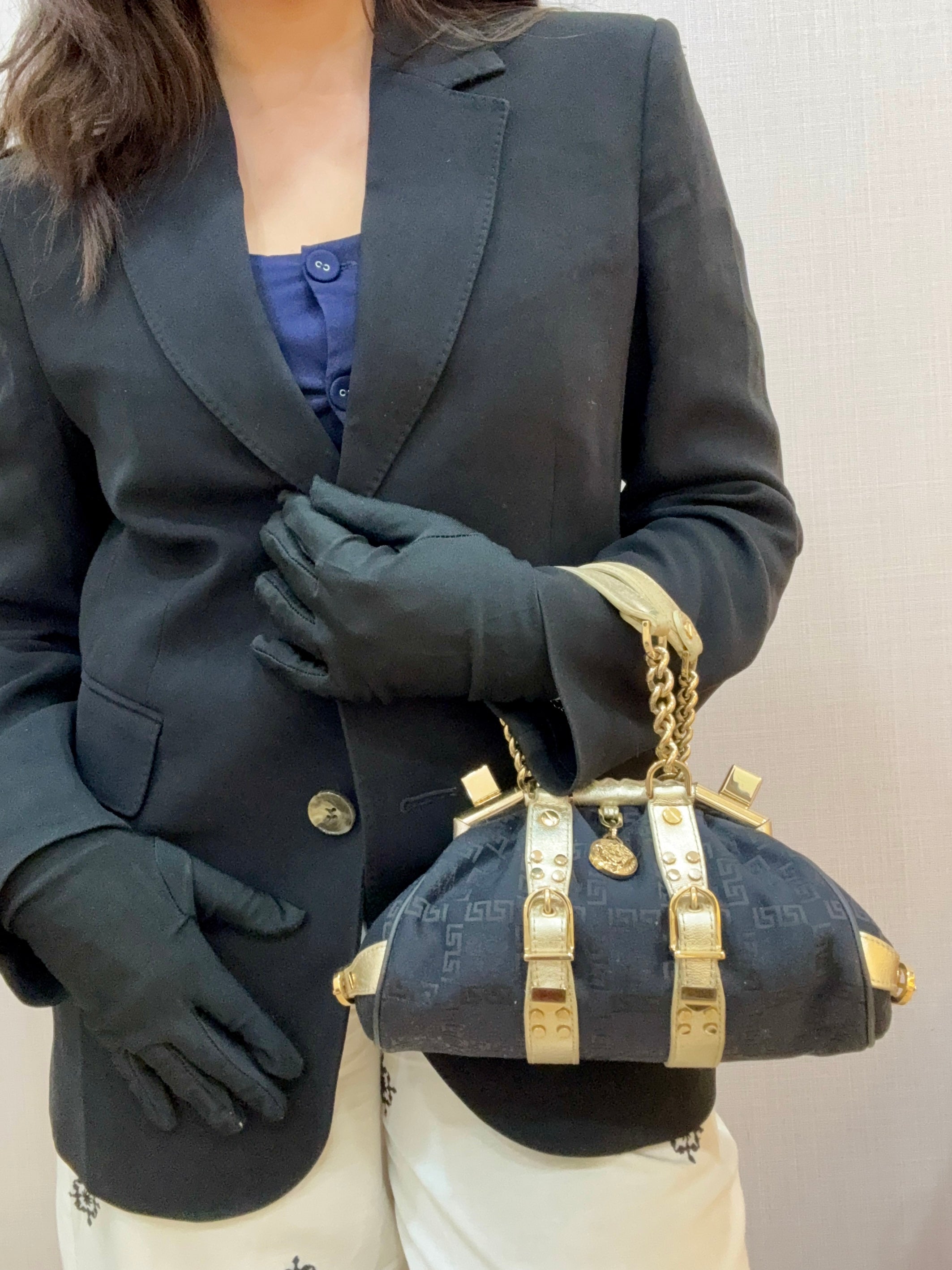 Versace Black/Gold Monogram Fabric and Leather Madonna Framed Satchel Bag