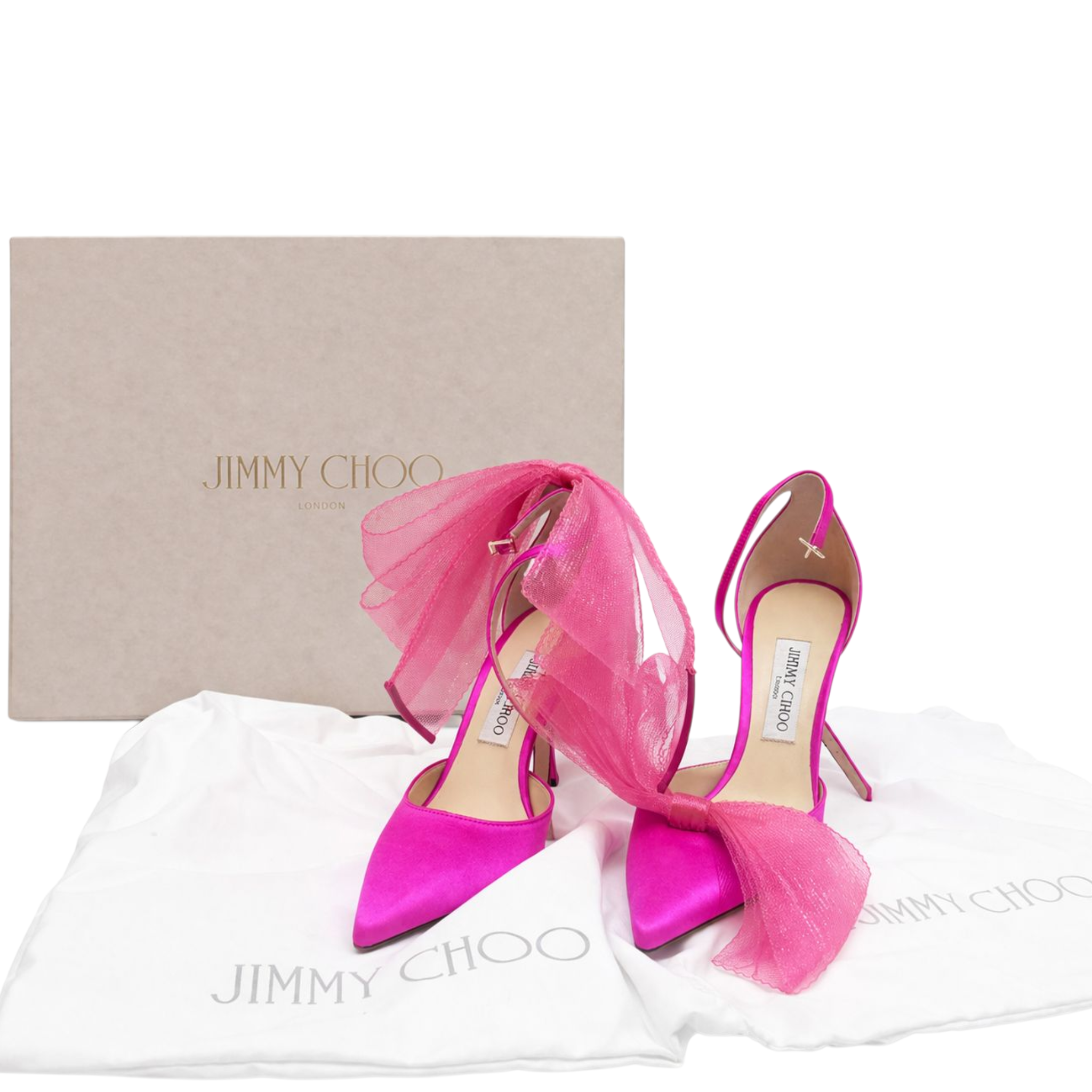 Jimmy Choo Aveline 100 Fuchsia Satin Asymmetric Bow Size EU 38.5