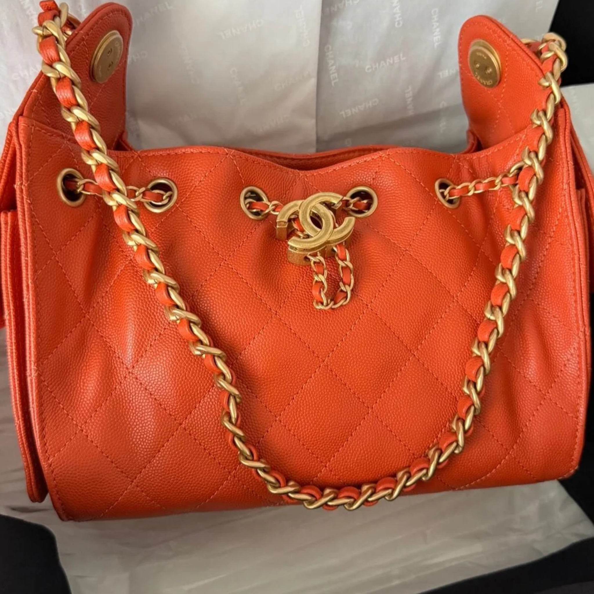 Chanel 25 Mini Handbag Orange Grained Calfskin