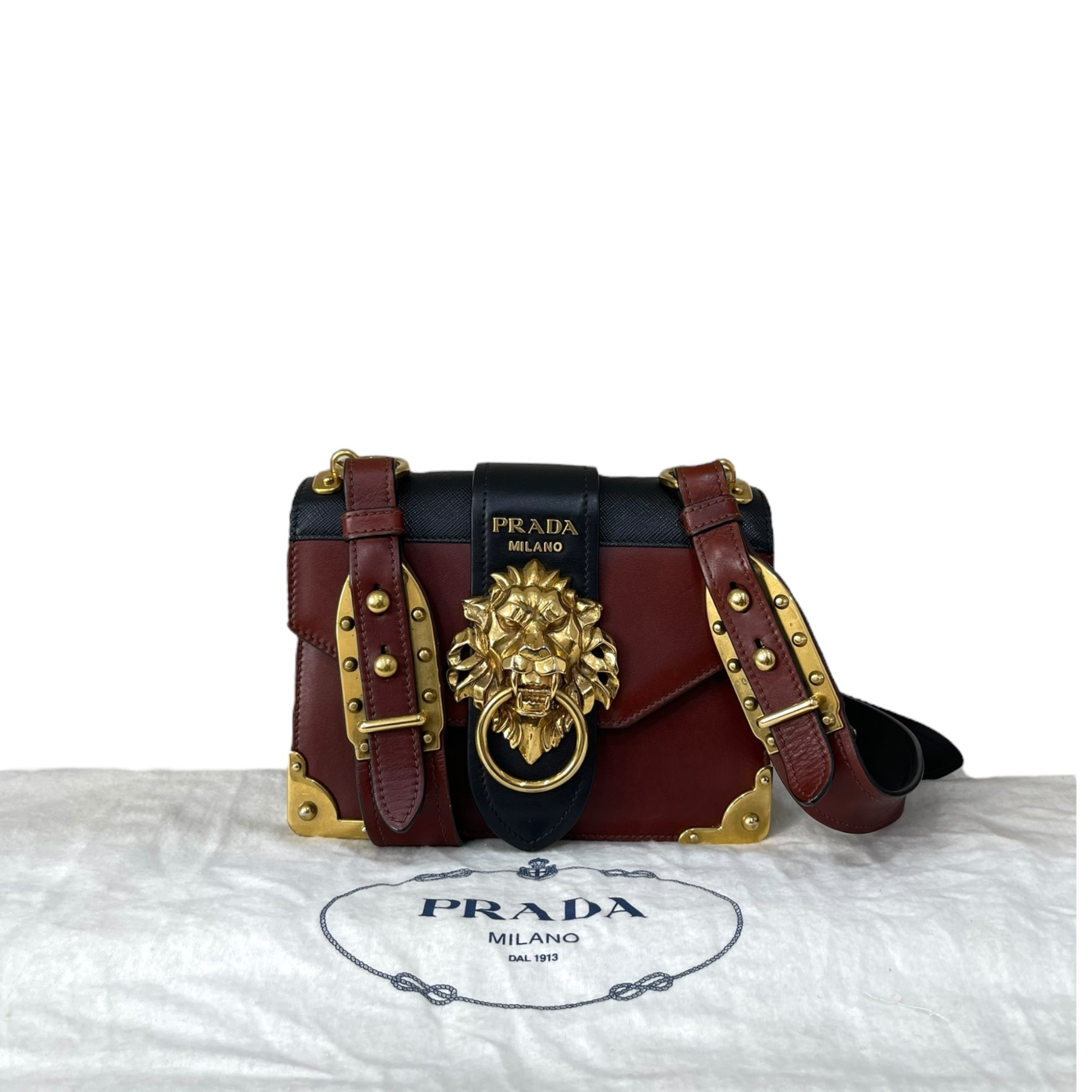 Prada Black/Maroon Leather Animalier Cahier Flap Top Handle Bag