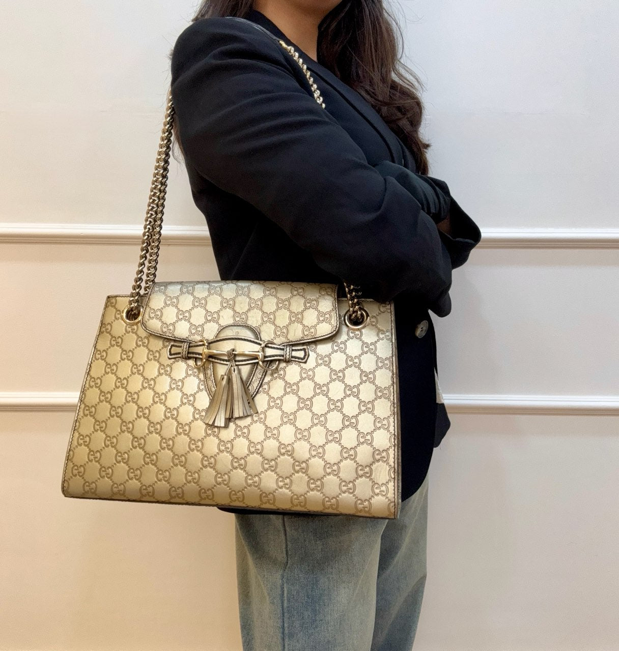 Gucci Metallic Beige Guccissima Leather Emily Chain Shoulder Bag