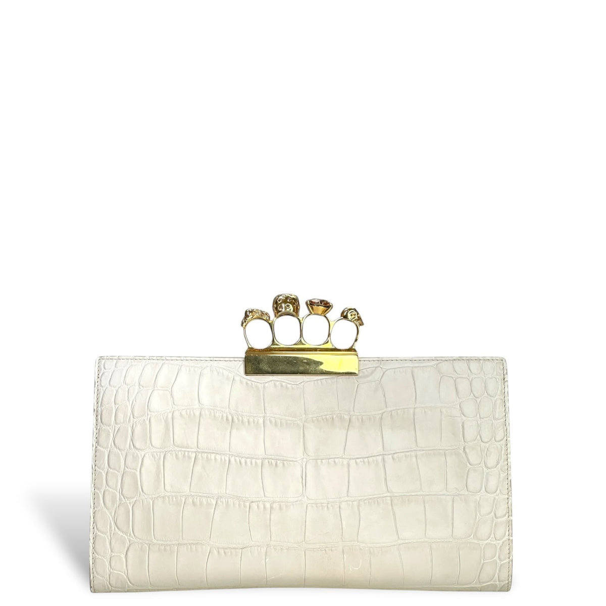 Alexander Mcqueen Ivory Crroc Embossed Leather Four Ring Kuncle Handle Clutch