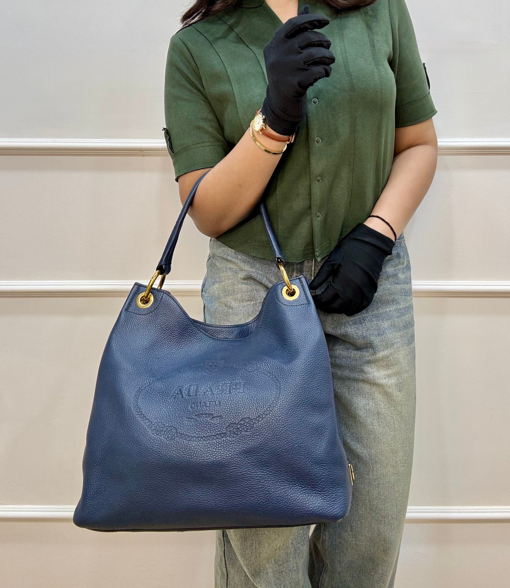 Prada Vitello Phenix Blue Leather Embossed Logo Hobo Tote Bag