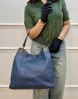Prada Vitello Phenix Blue Leather Embossed Logo Hobo Tote Bag
