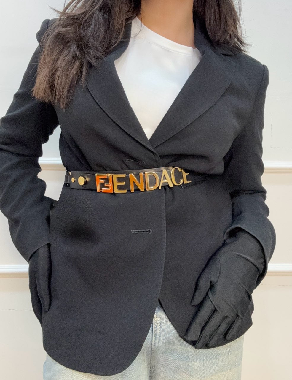 Fendace Fendi x Versace Black Leather Logo Letters Buckle Belt