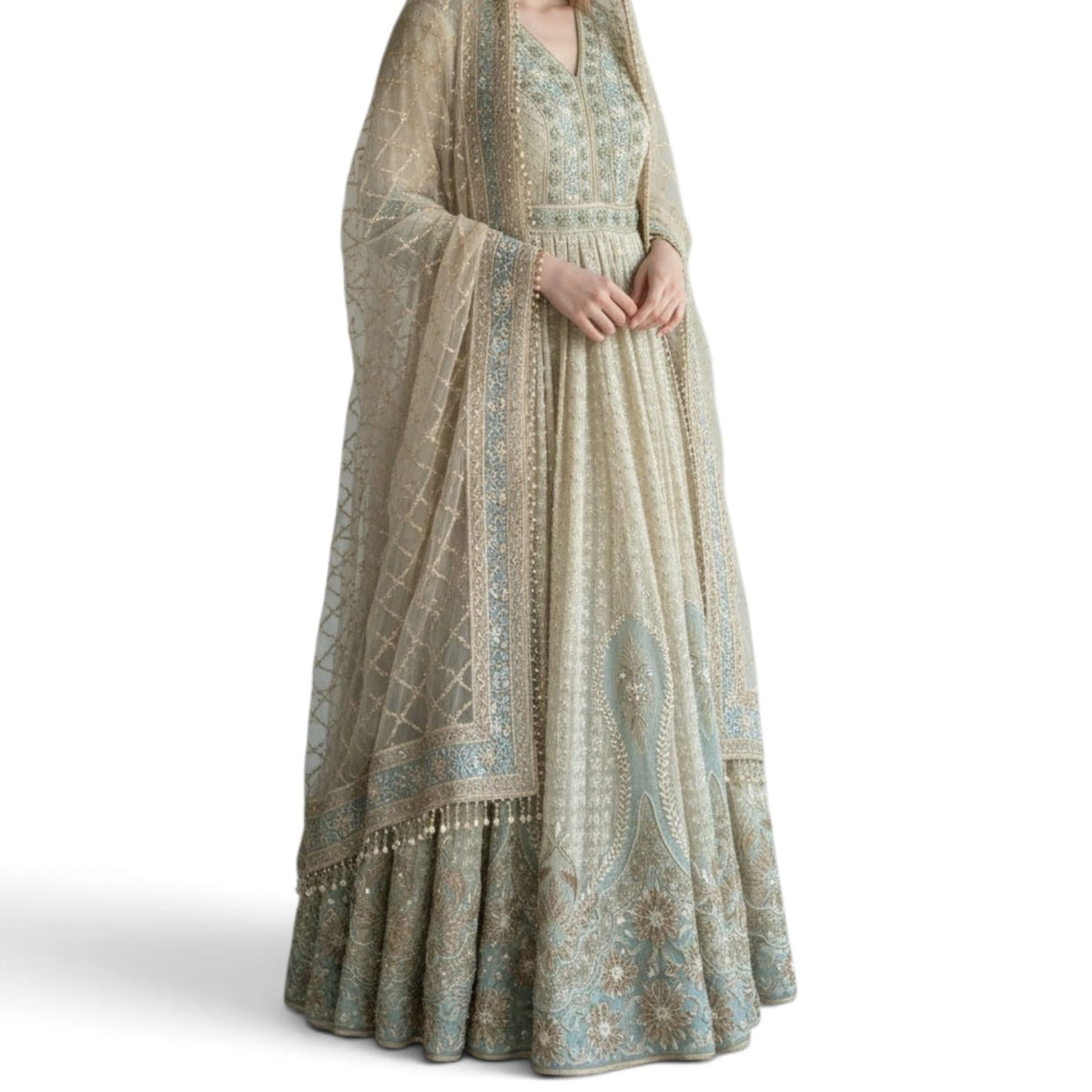 Tarun Tahiliani Mint Embroidered Kalidar Anarkali Set