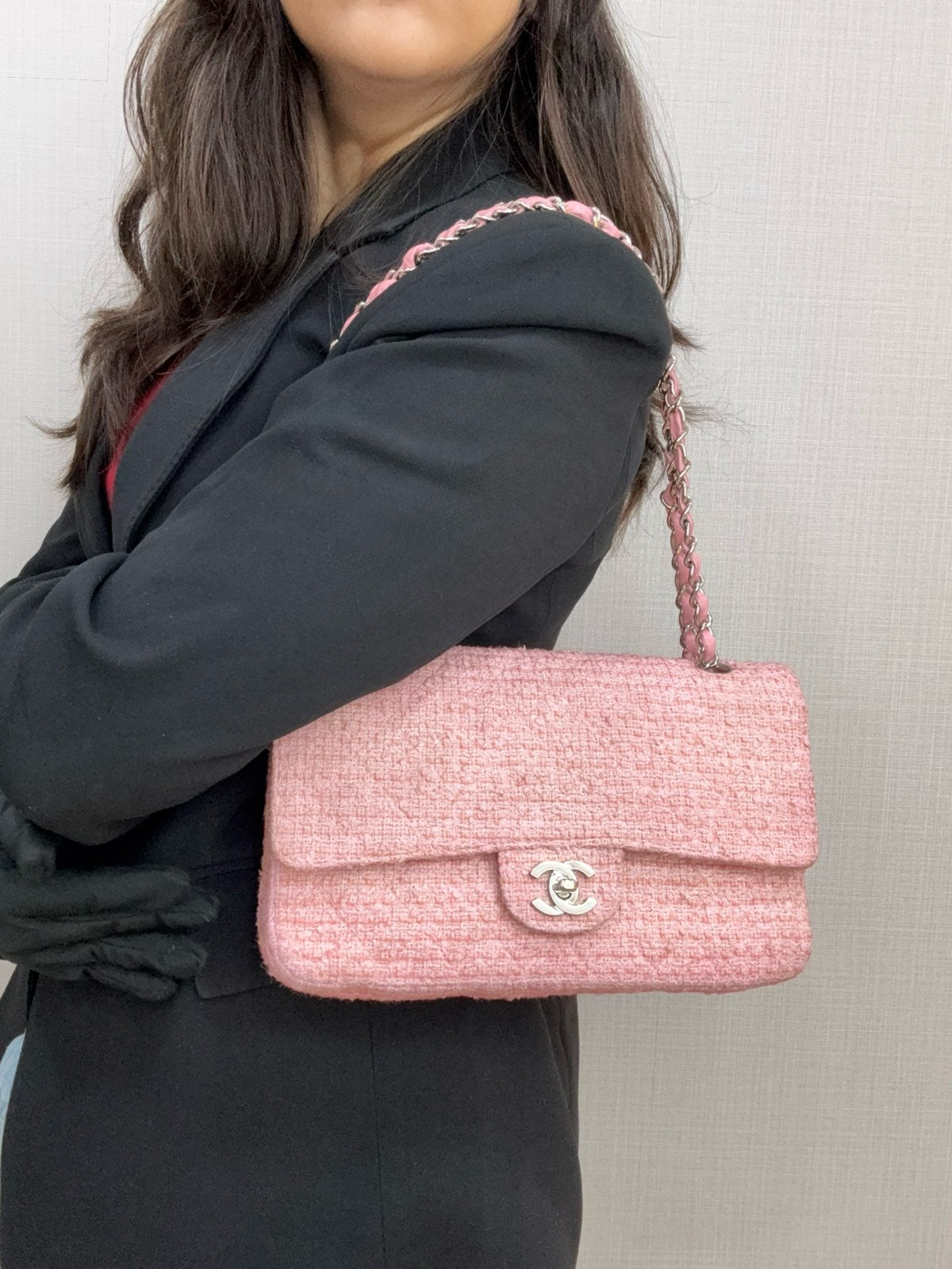 Chanel Classic Double Flap Pink Tweed Shoulder Bag