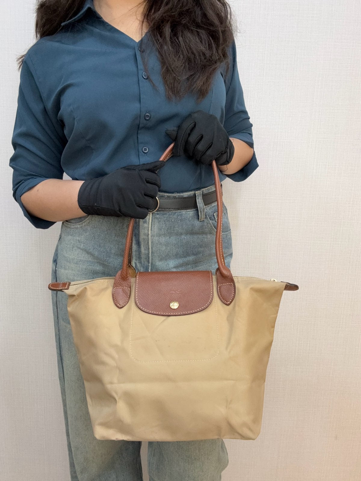 Longchamp Beige/Brown Nylon and Leather medium Le Pliage Tote Bag