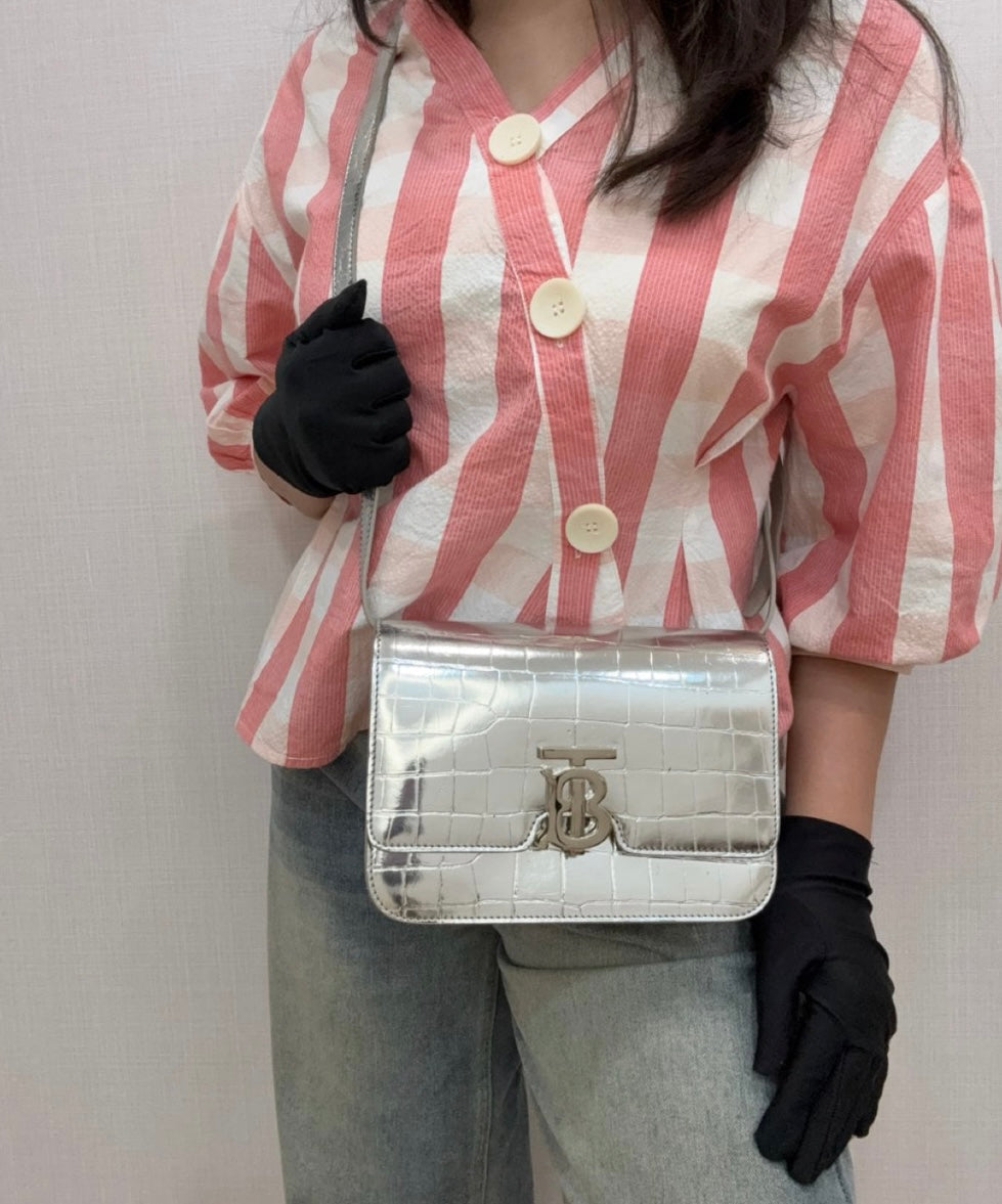 Burberry TB Small Silver Croc Embossed Shoulder Bag