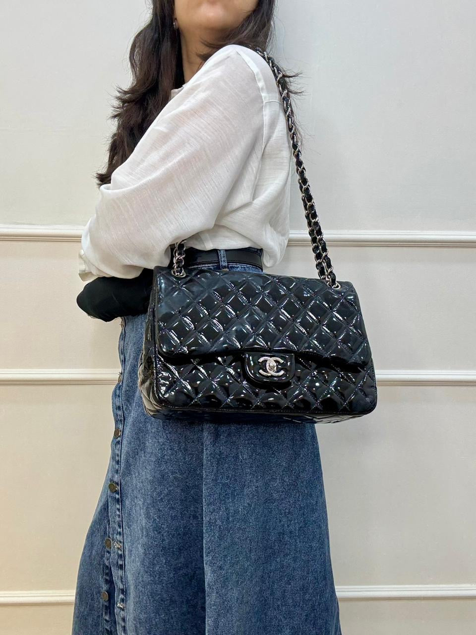 Chanel Black Quilted Patent Leather Large Classic Double Flap Bag