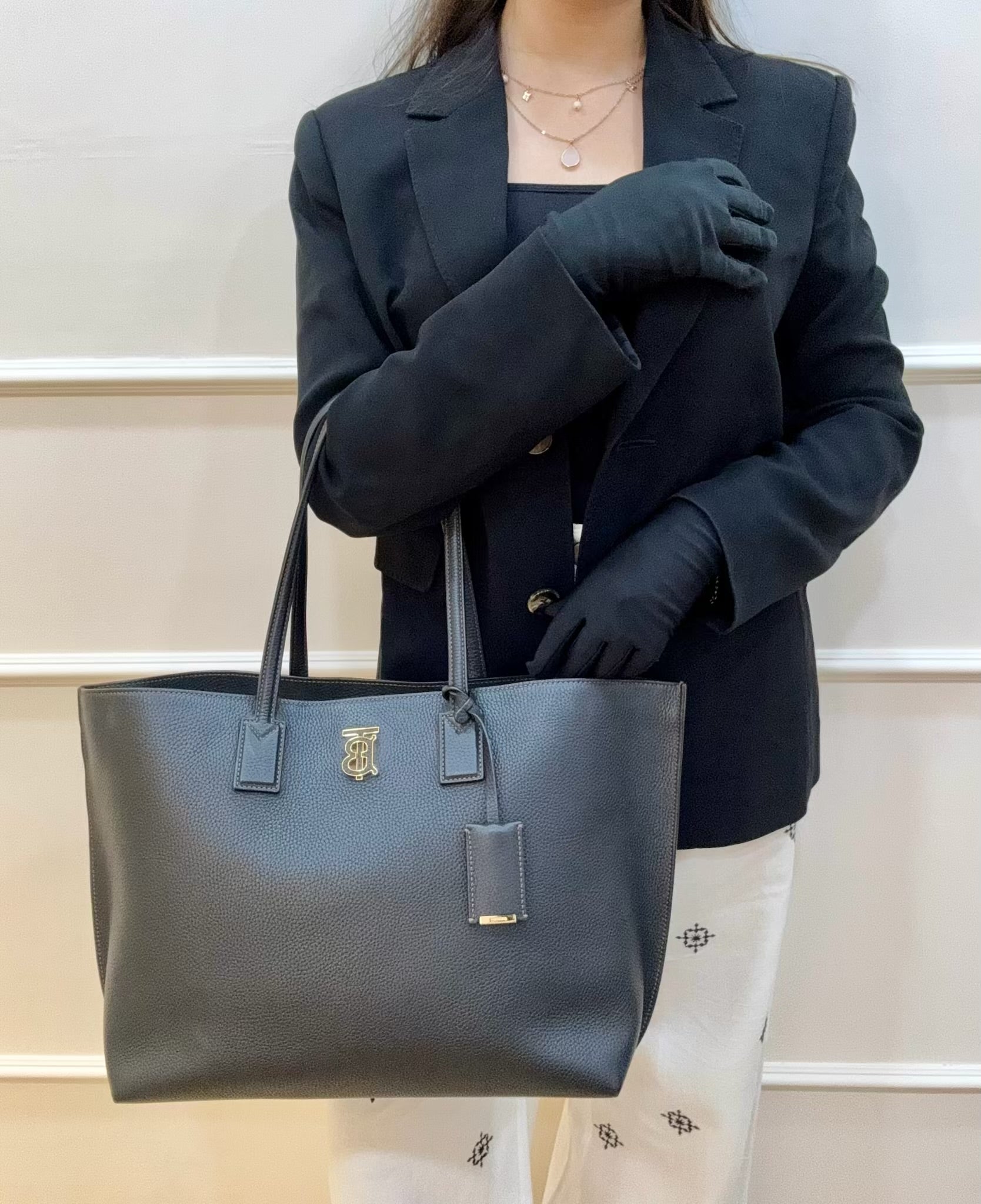 Burberry TB Monogram Tote in Black Leather