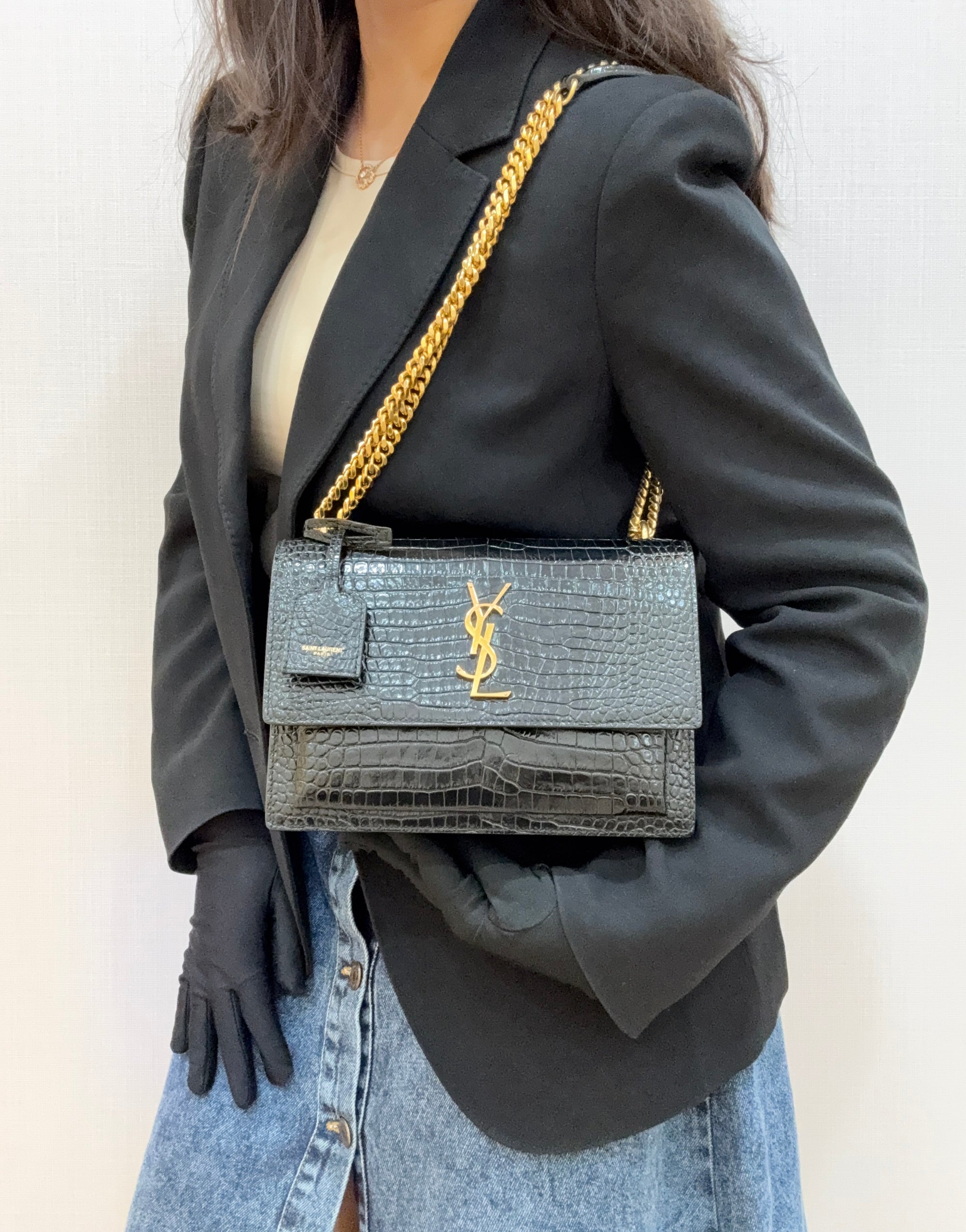 Saint Laurent Medium Sunset Croc-Embossed Black Bag