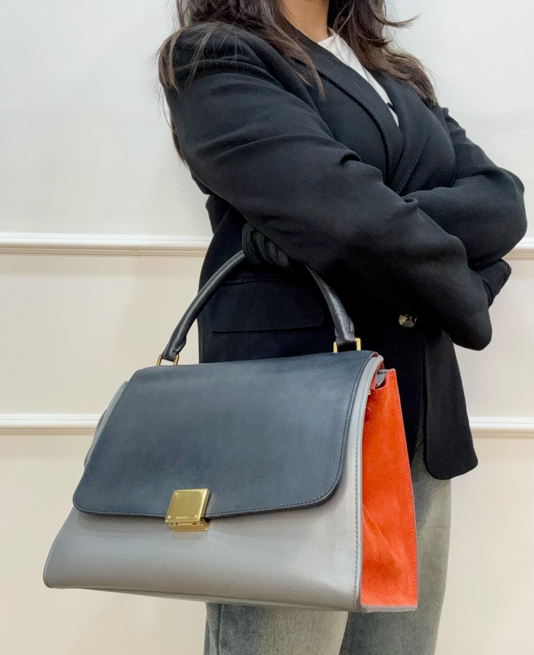 Celine Tri Colour Leather and Saude Medium Trapeza Bag