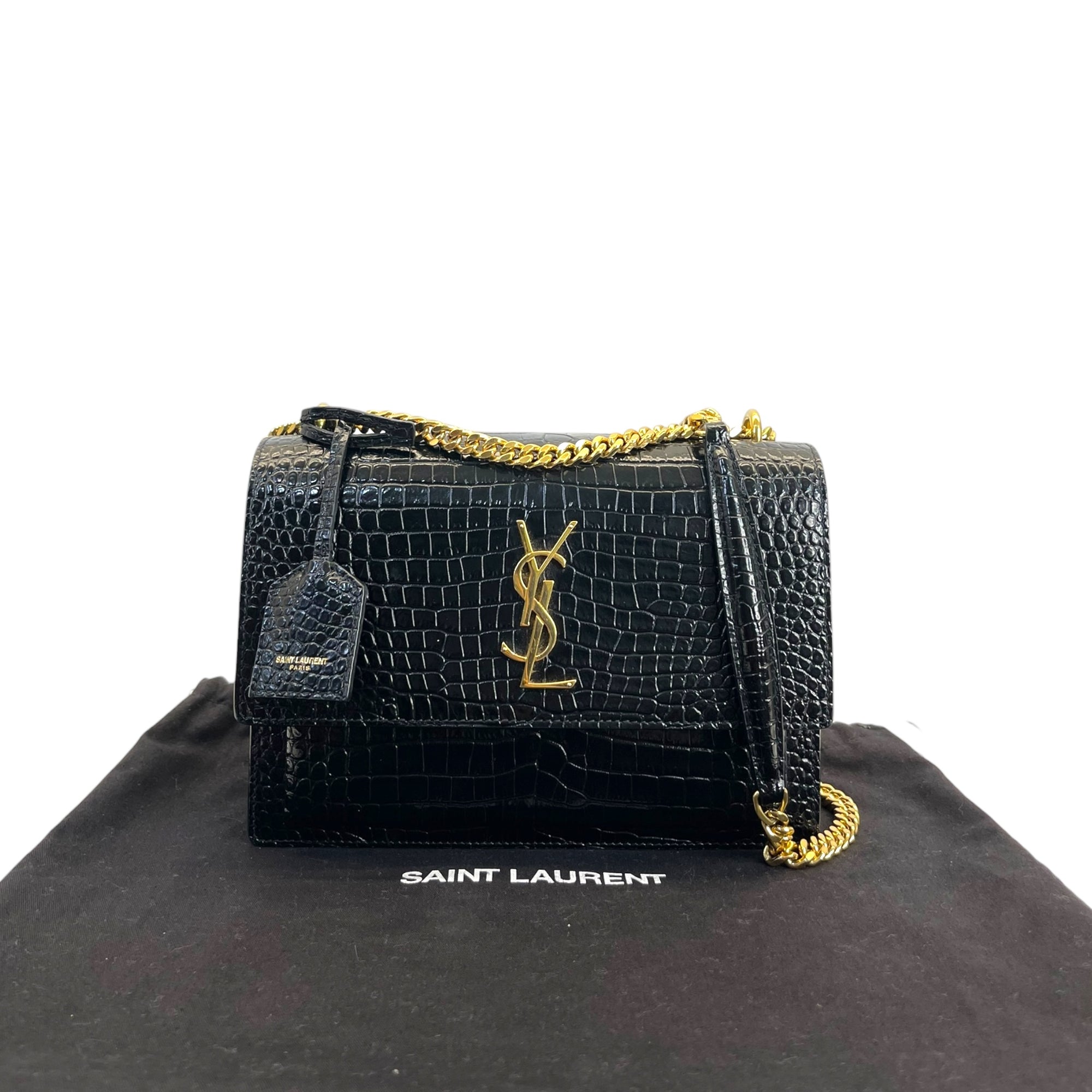 Saint Laurent Medium Sunset Croc-Embossed Black Bag