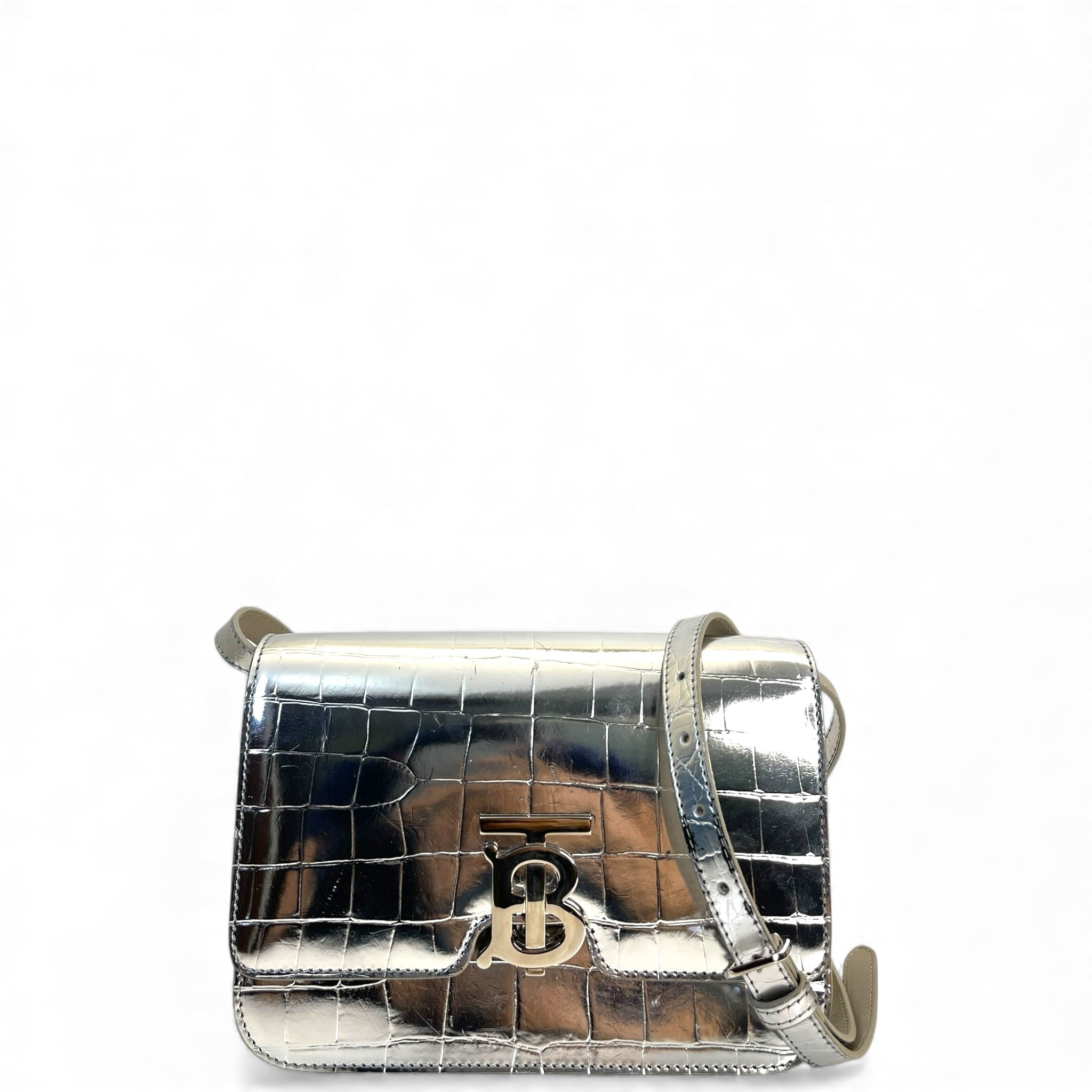 Burberry TB Small Silver Croc Embossed Shoulder Bag