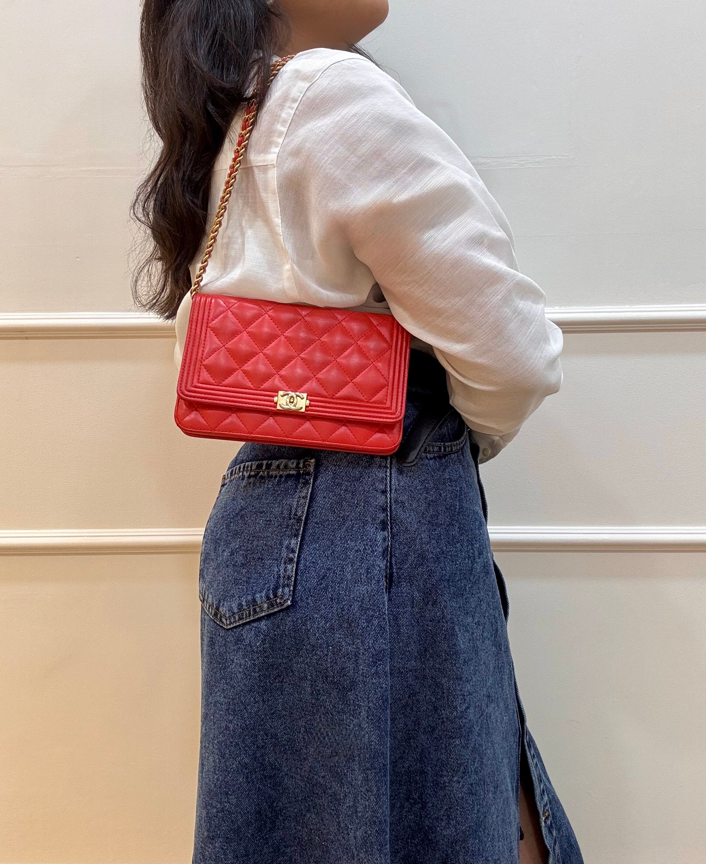 Chanel Boy Wallet On Chain Red Quilted Leather