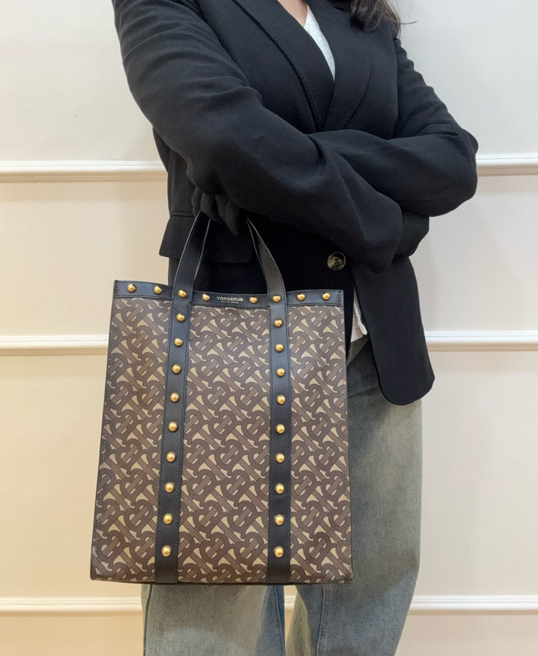 Burberry Brown/Black Monogram Coated Canvas And Leather Studded Book Tote Bag