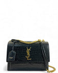Saint Laurent Medium Sunset Croc-Embossed Black Bag