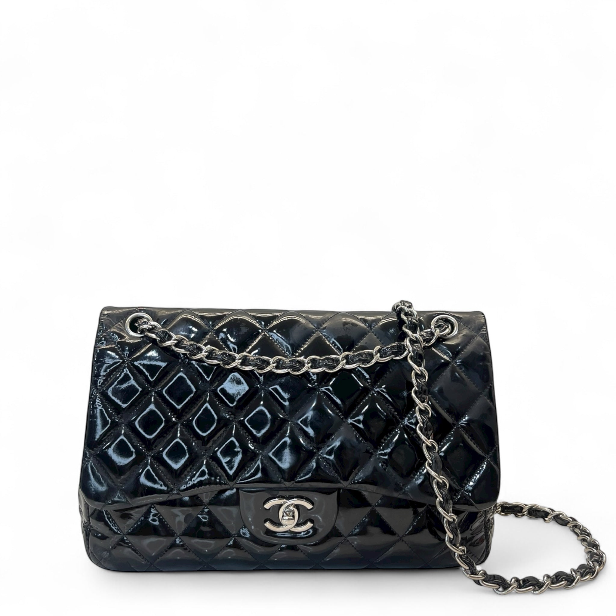 Chanel Black Quilted Patent Leather Large Classic Double Flap Bag
