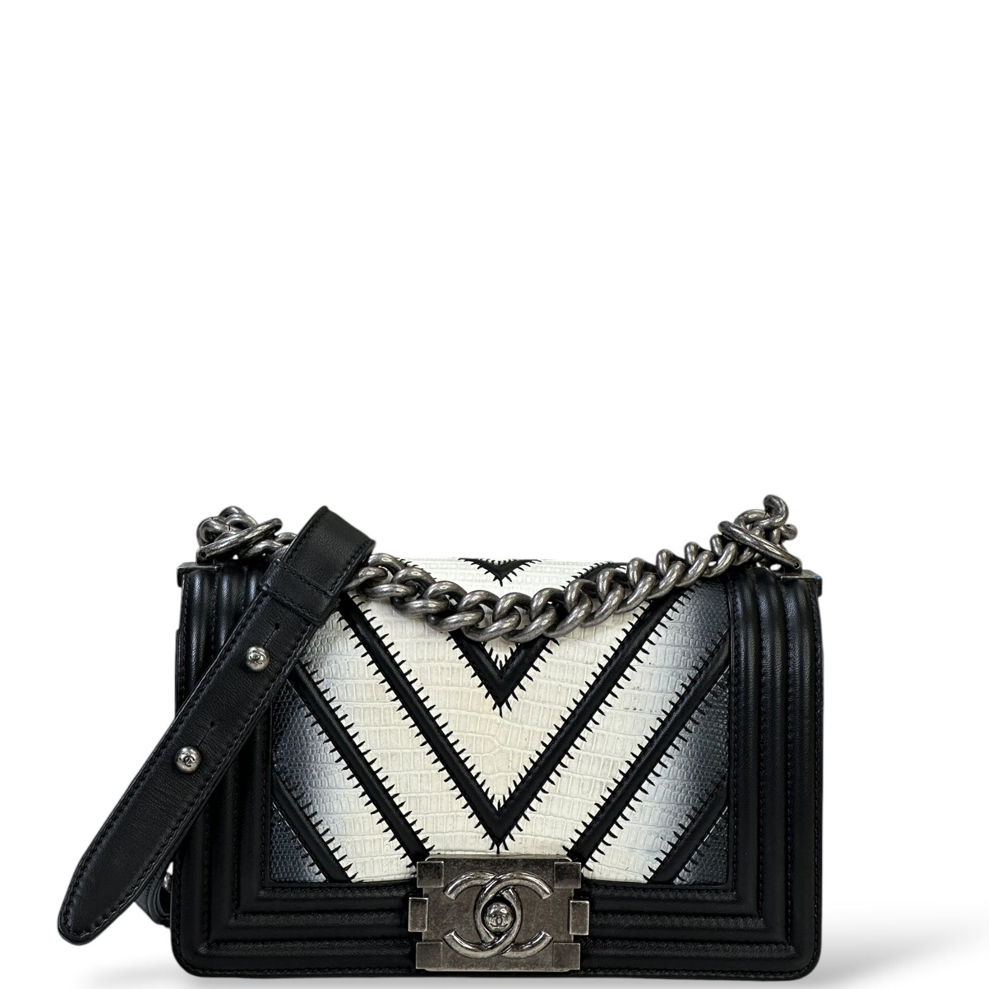 Chanel Boy Bag Small Black Chevron Lizard Airlines