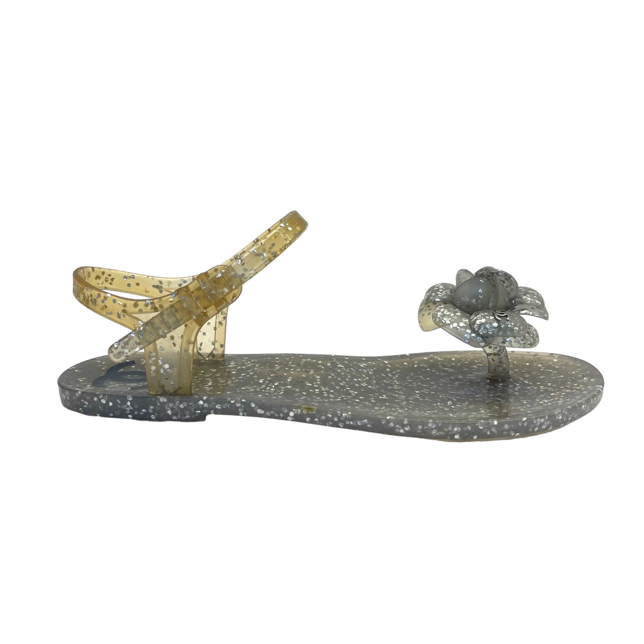 Chanel Grey Glitter Jelly Camellia Flat Sandals Size EU 36