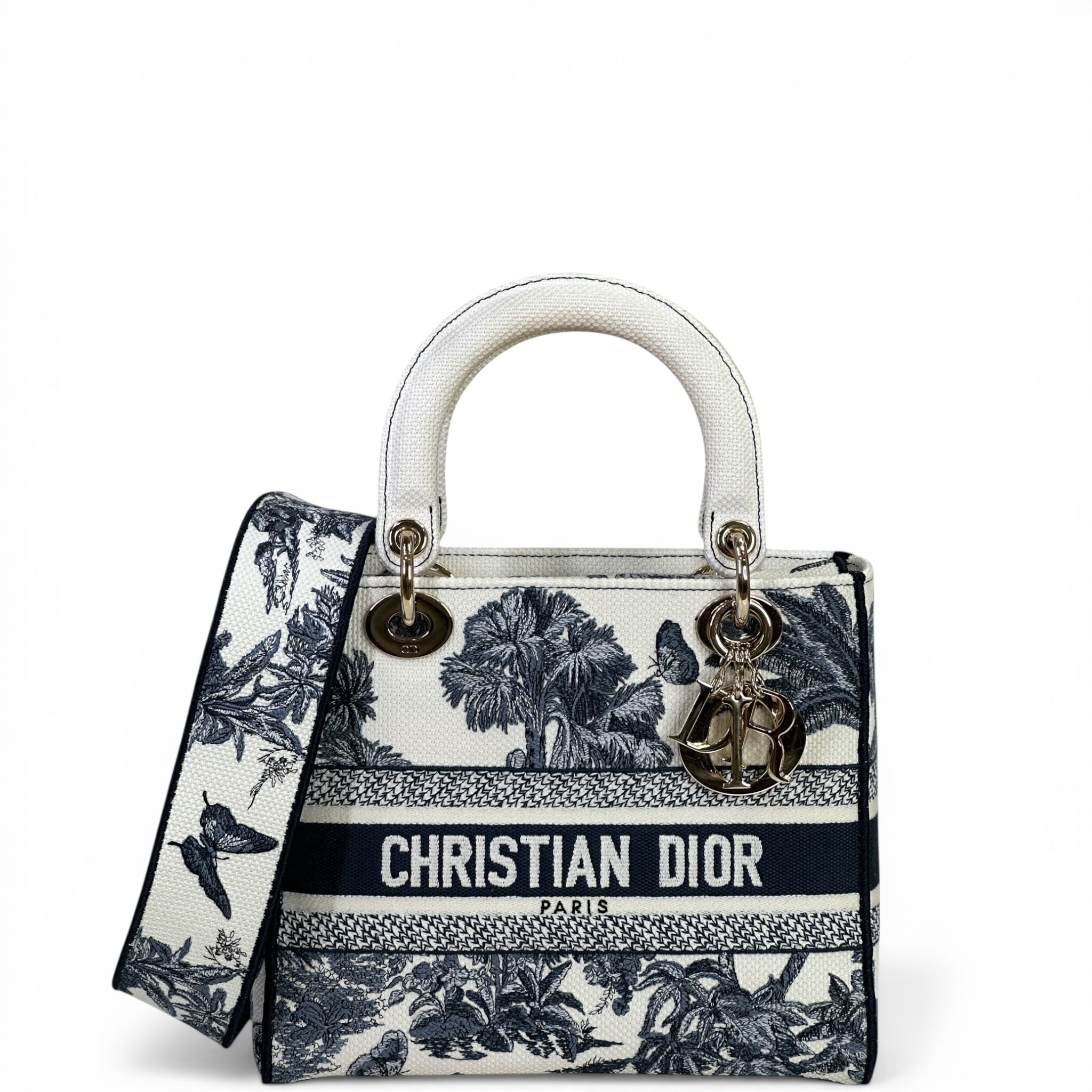 Christian Dior Lady D-Lite Bag Medium Toile de Jouy Blue White Canvas