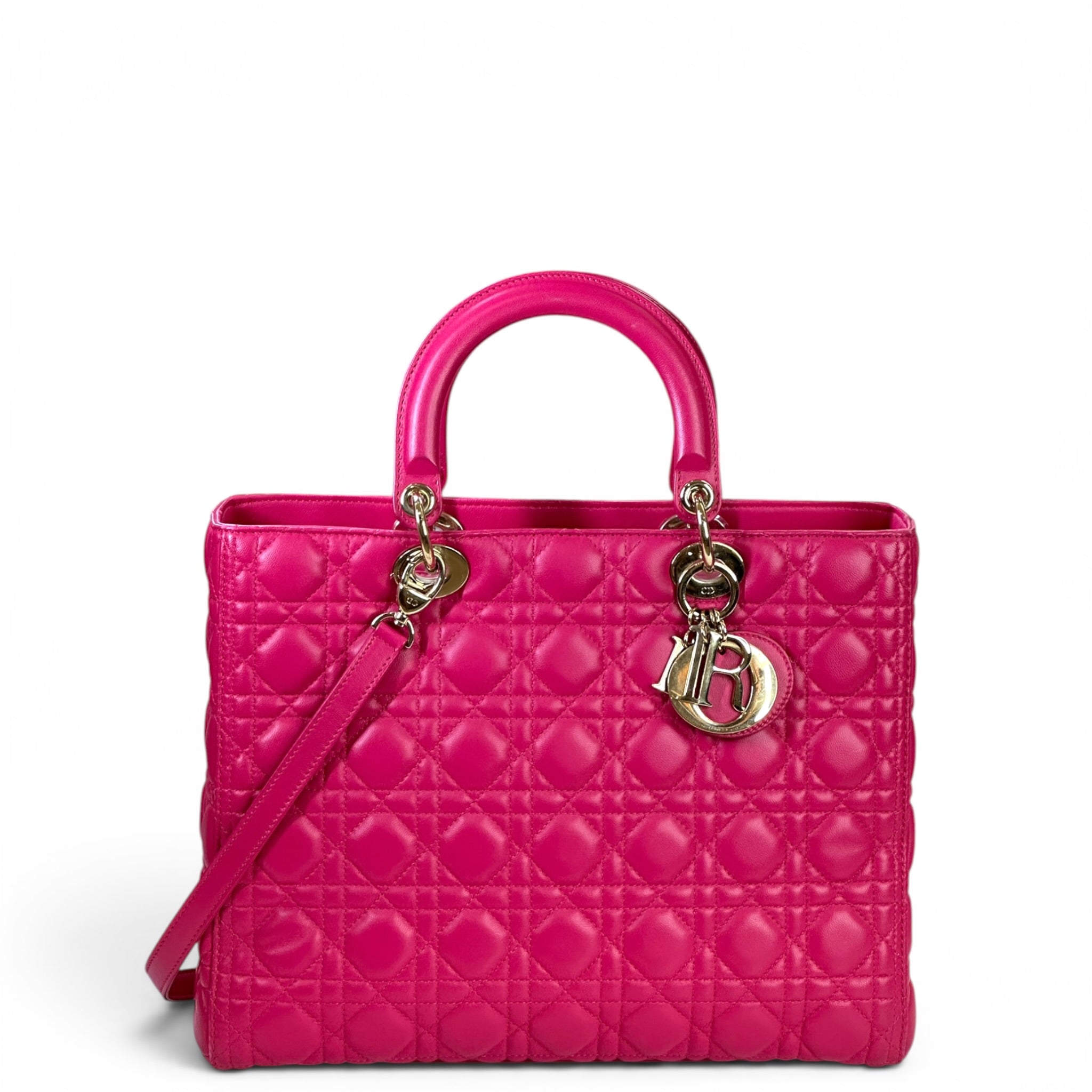 Christian Dior Lady Dior Large Fuchsia Pink Cannage Quilted Lambskin