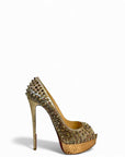 Christian Louboutin Lady Peep Toe Spikes Gold Python Leather Platform Pumps EU 38