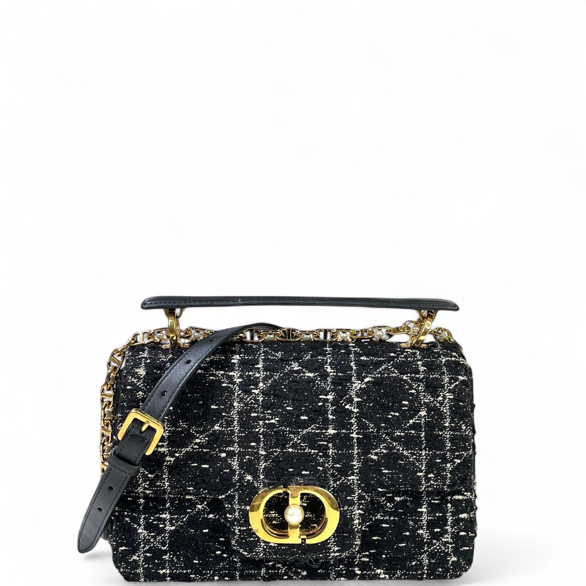 Dior Jolie Top Handle Bag Black Tweed/White Cannage Motif