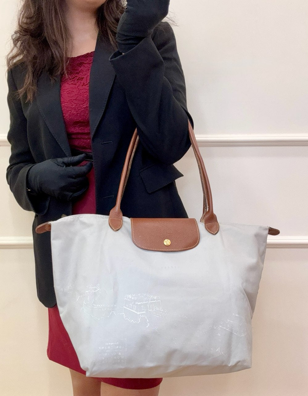 Longchamp Grey/Brown Nylon and Leather Le Pliage Tote Bag