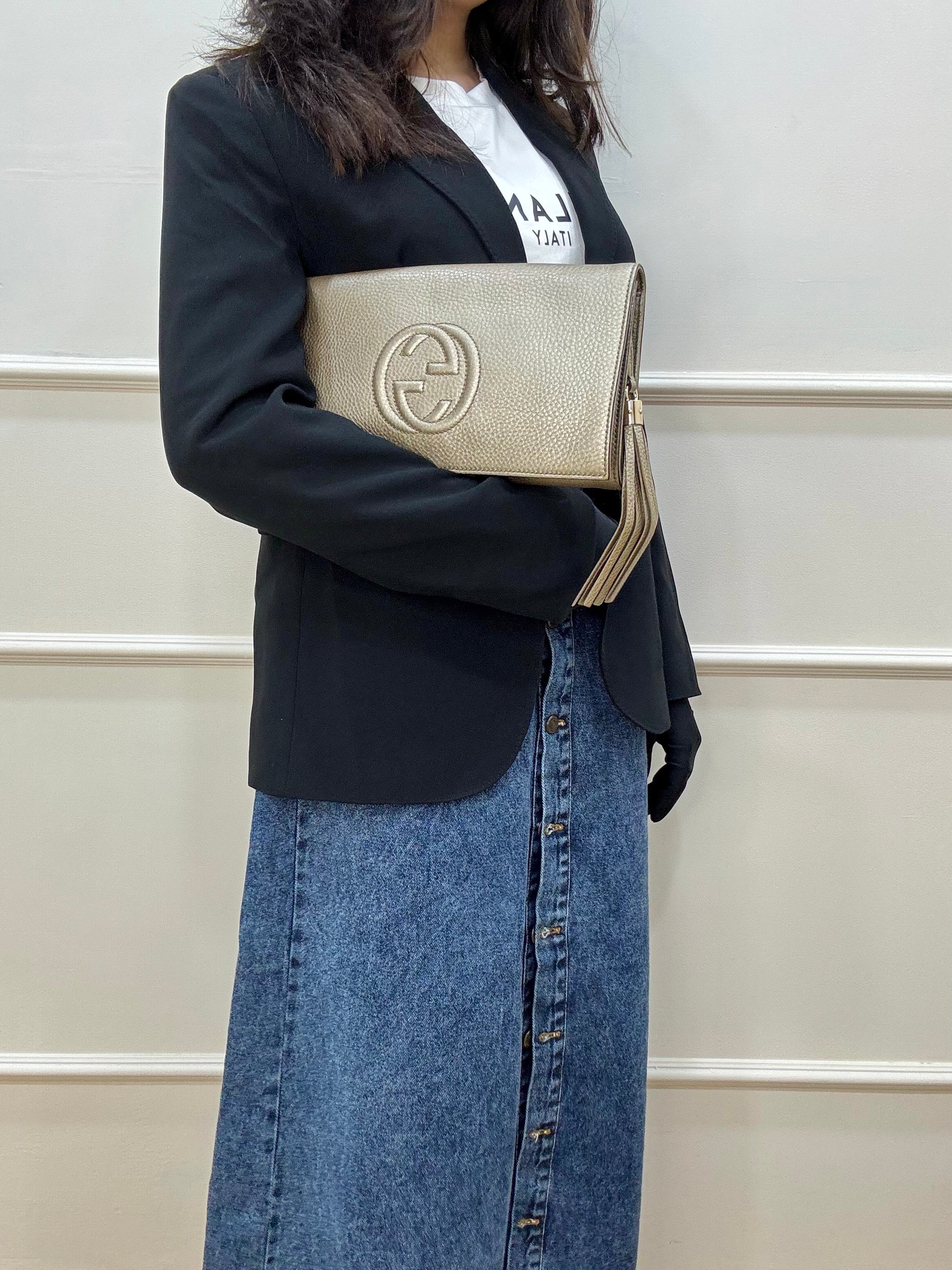 Gucci Gold Pebbled Leather Soho Clutch