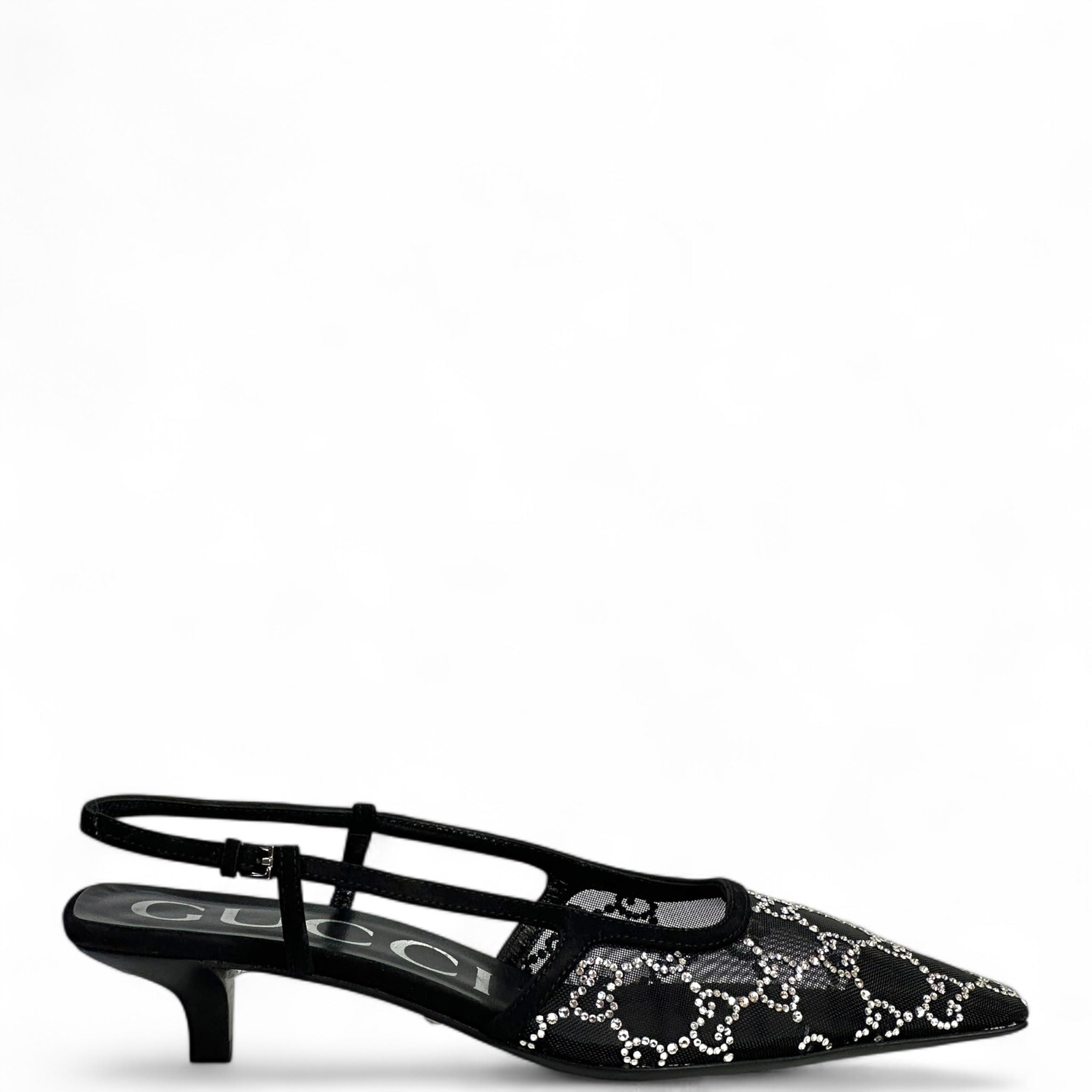 Gucci GG Crystal Slingback Pumps Black Mesh Size 37