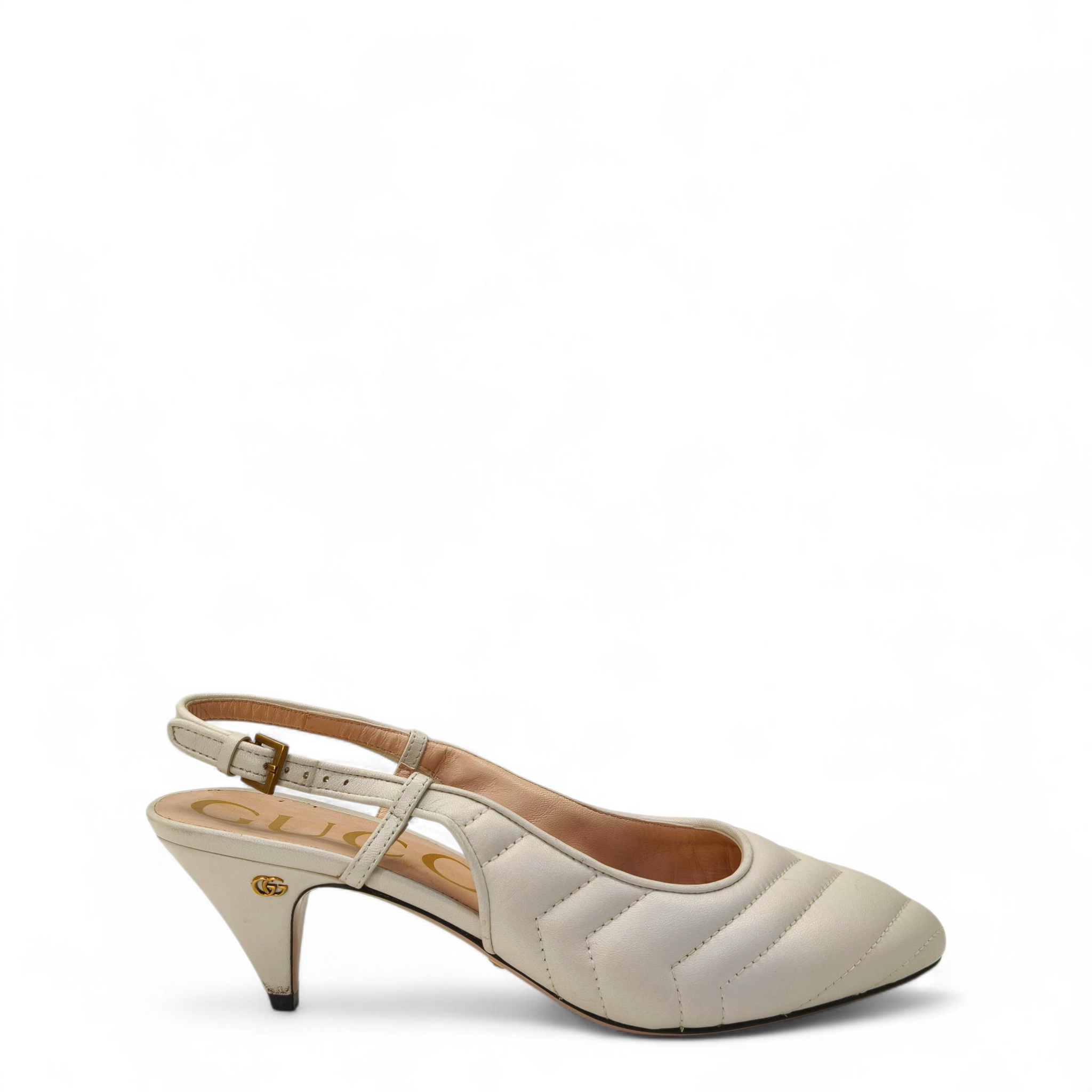 Gucci Nappa Charlotte Chevron Matelasse Double G Slingback Pumps White Size- 37.5
