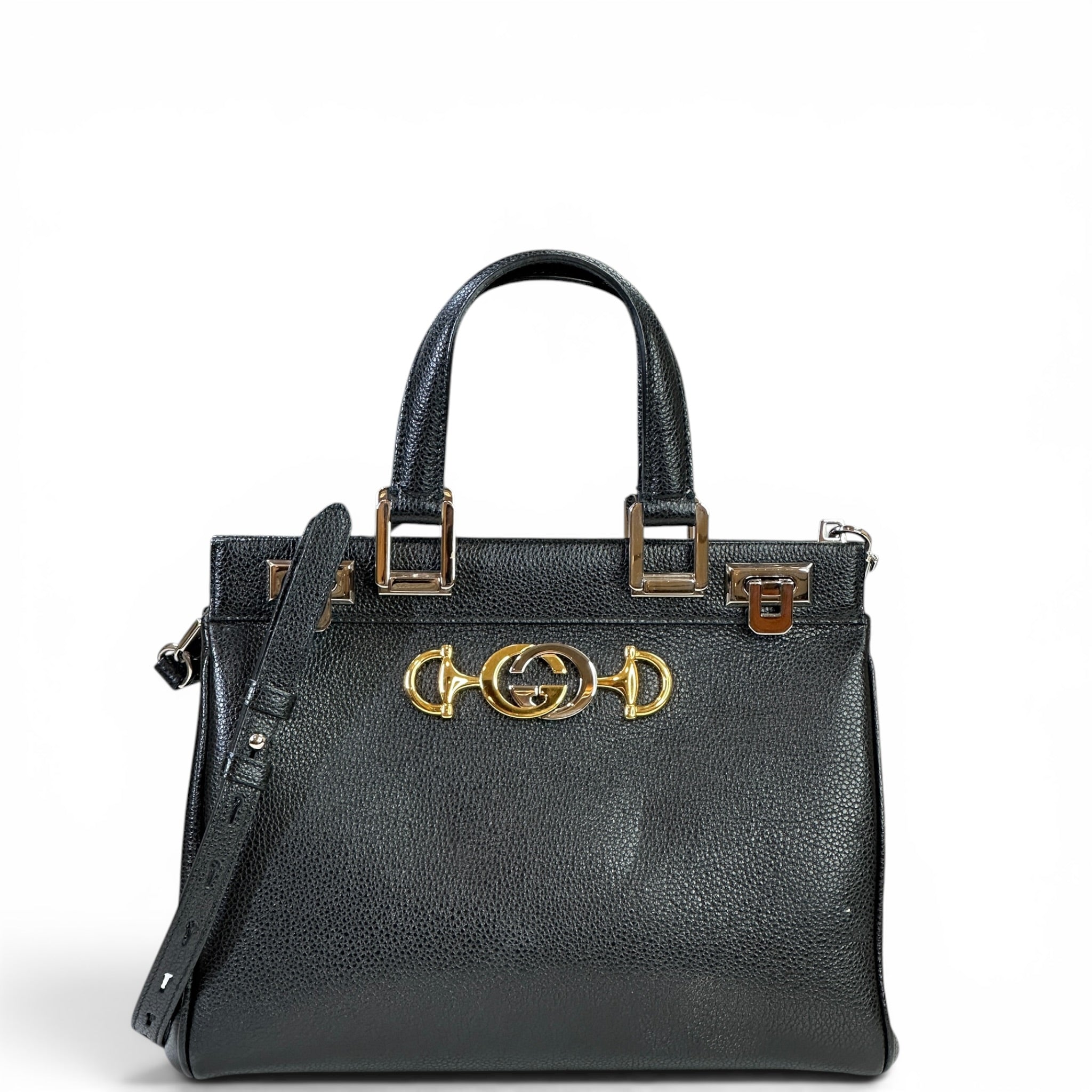 Gucci Zumi Top Handle Bag Small Black Grainy Leather