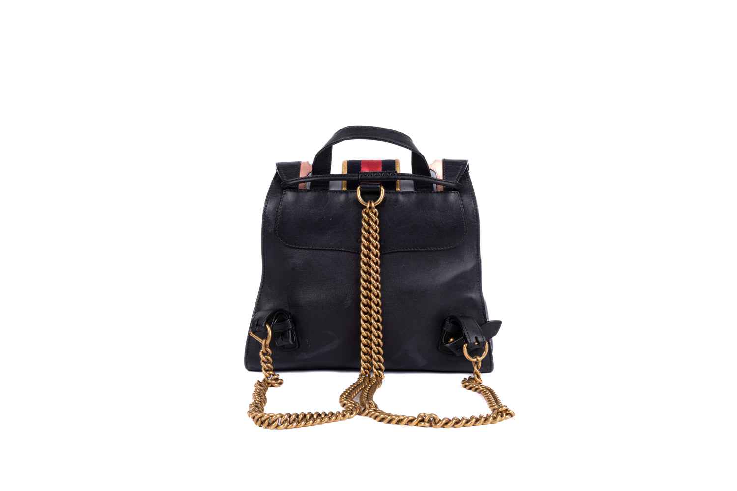 Black Calfskin Web GG Marmont Flap Chain Backpack